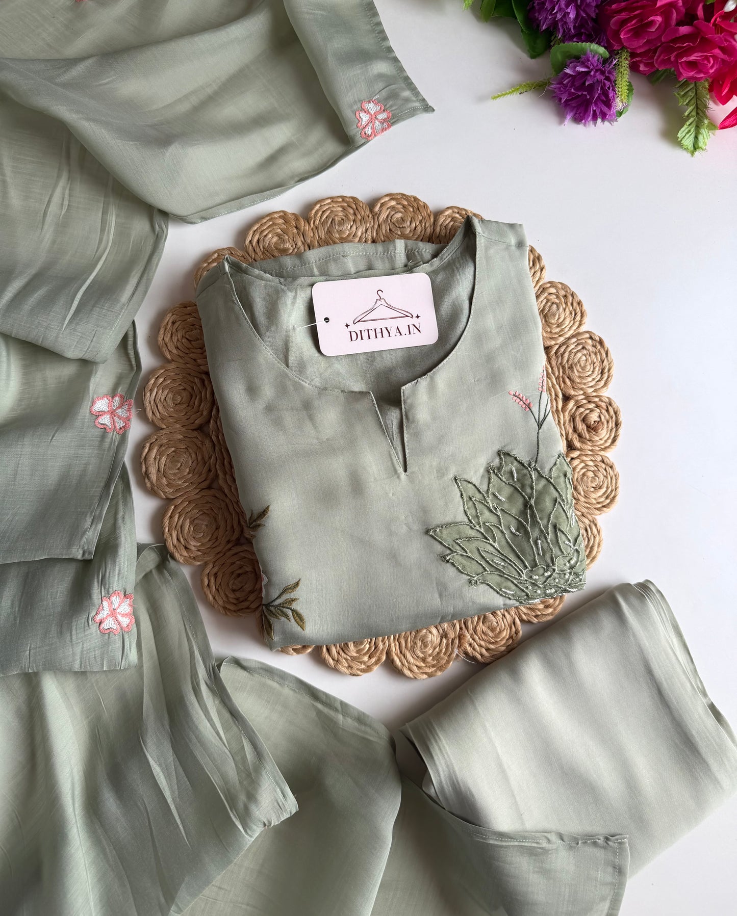 K592 - Surat Mul chanderi handwork straight Kurti with pants and dupatta