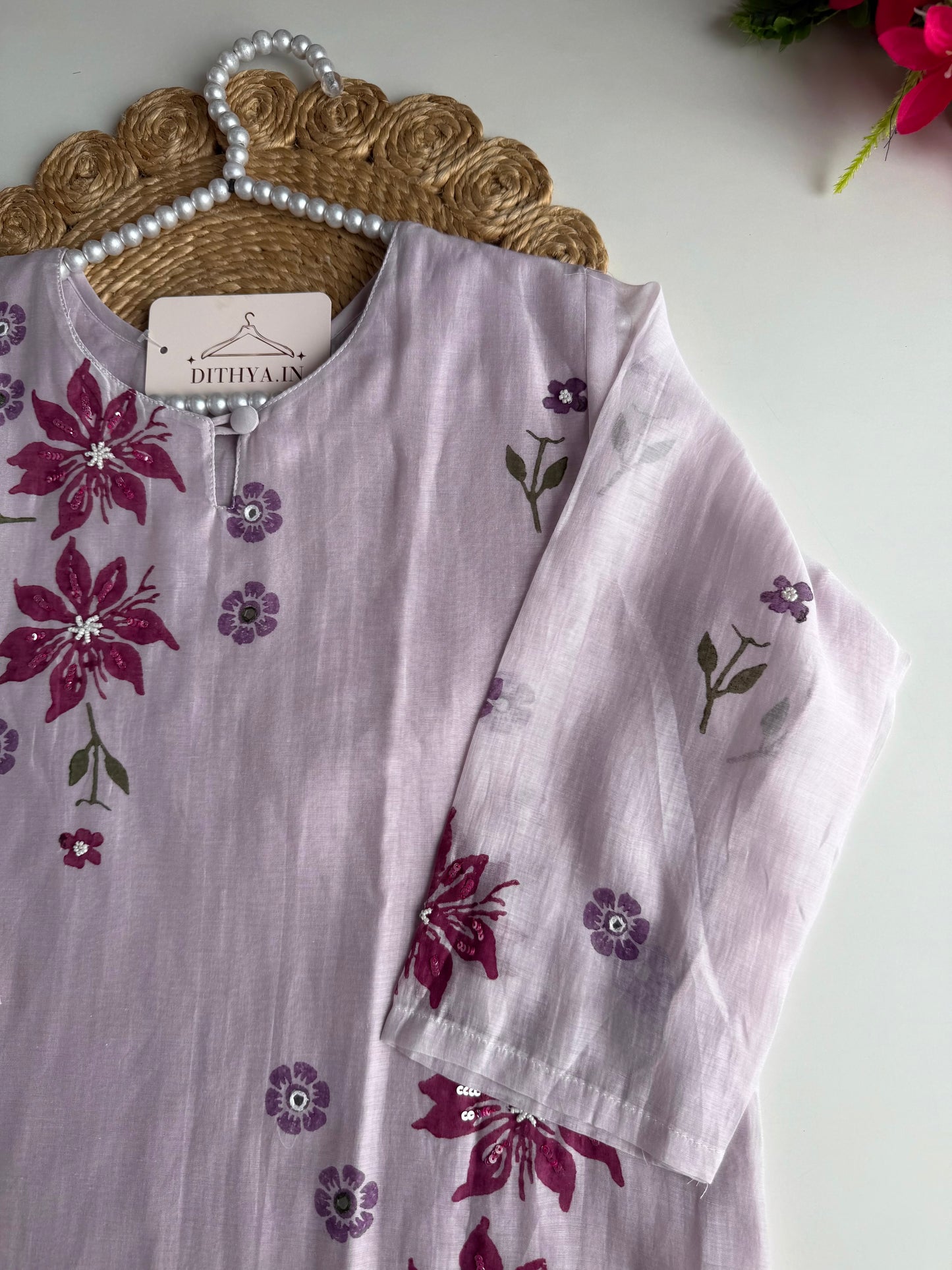 K012 - Mul Chanderi handwork straight Kurti with pants and dupatta