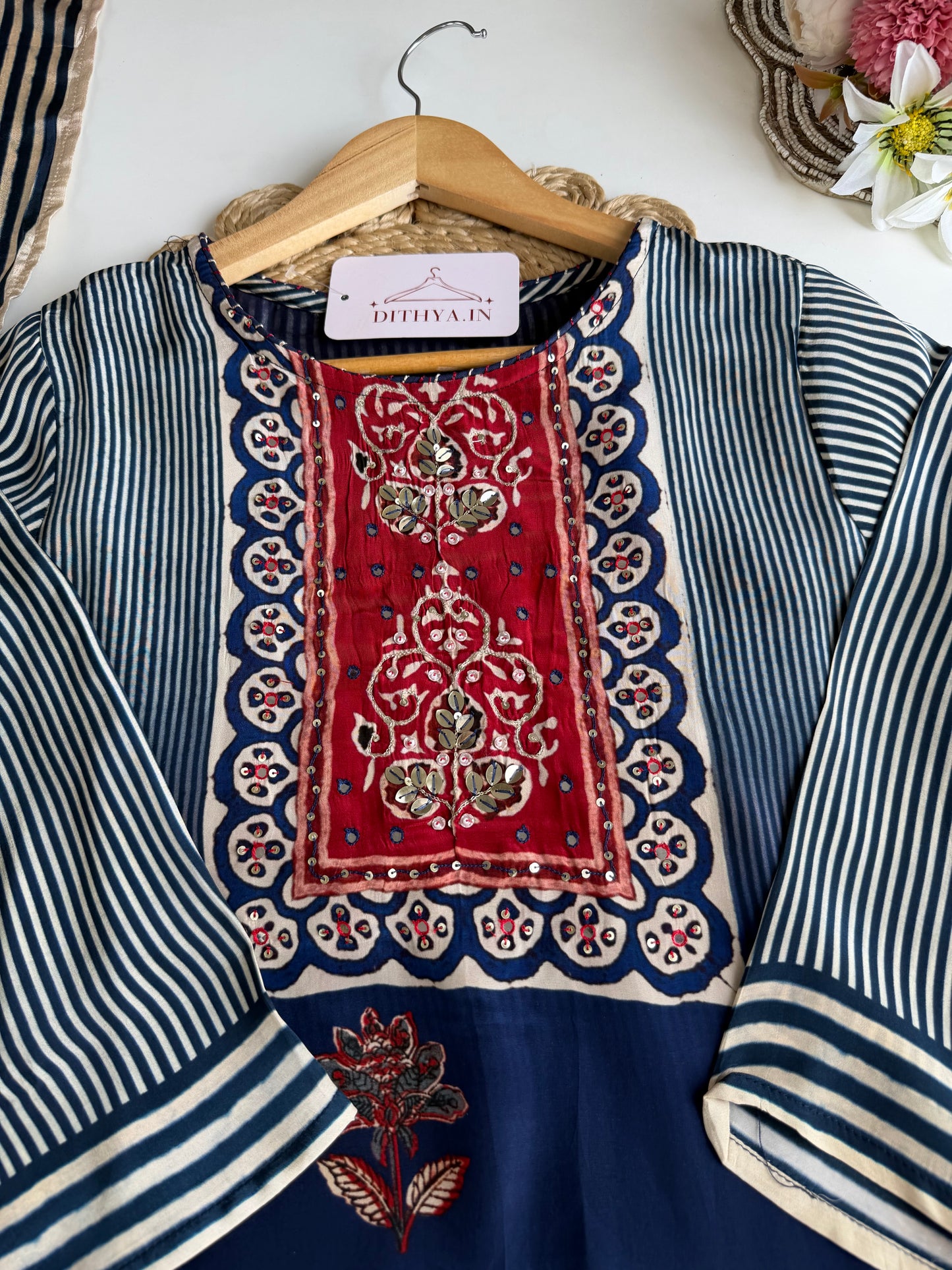 K510 - Pure crape handwork straight Kurti with pants and dupatta