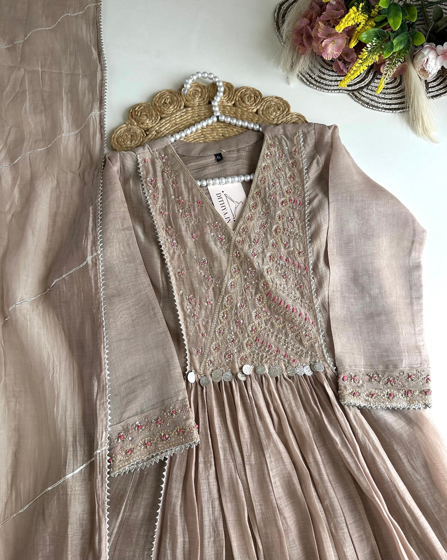 K486 - Mul Chanderi handwork Anarkali with pants and dupatta