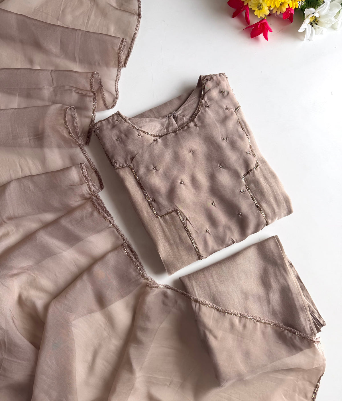 K704 - Mul chanderi pita work aline Kurti with pants and dupatta
