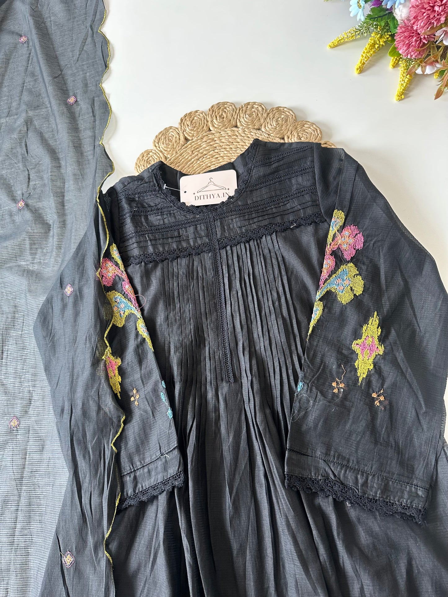 K012 - Doriya cotton embroidered Anarkali with pants and dupatta