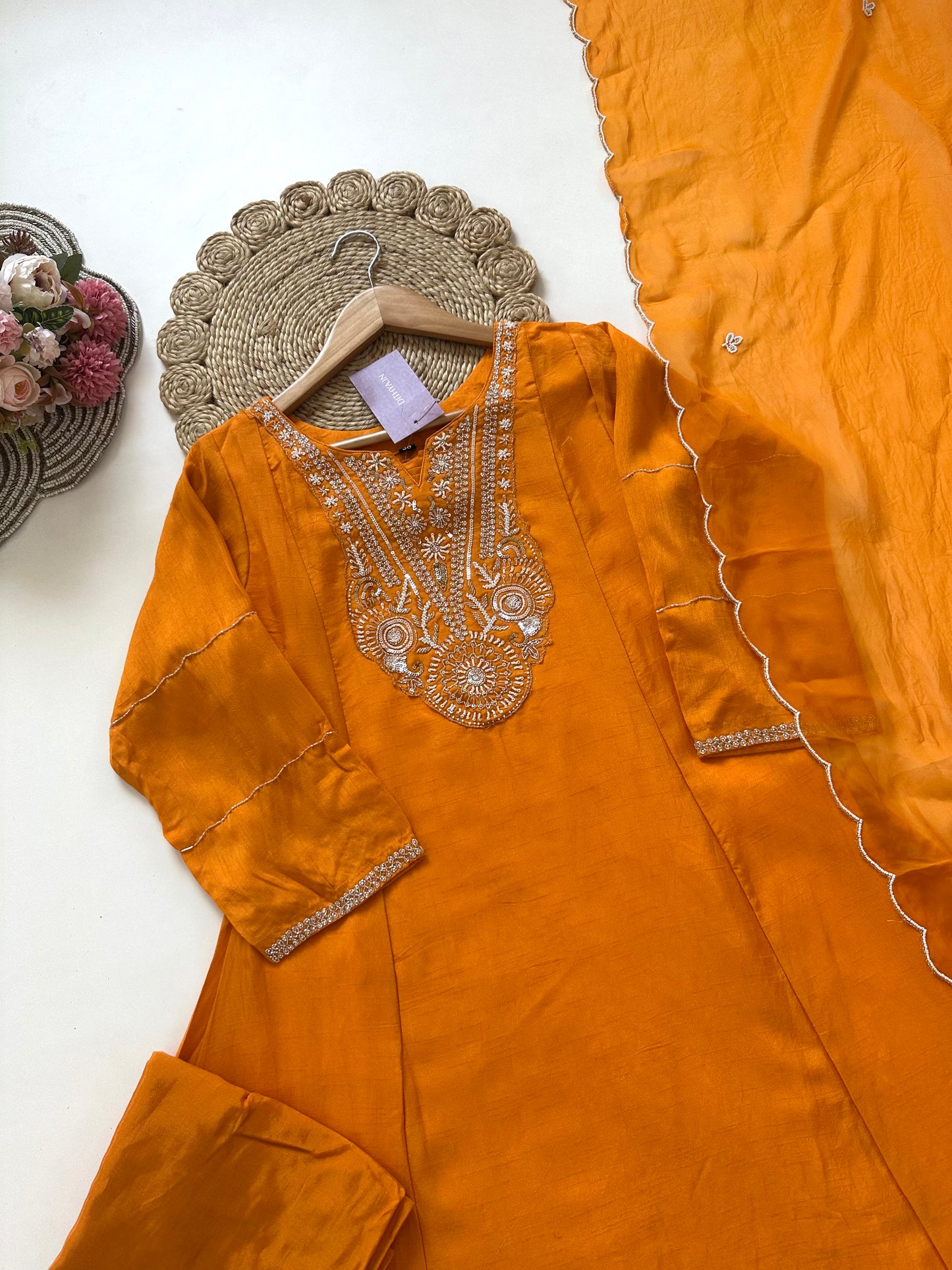 K097 - Russian silk handwork Anarkali with pants and dupatta.