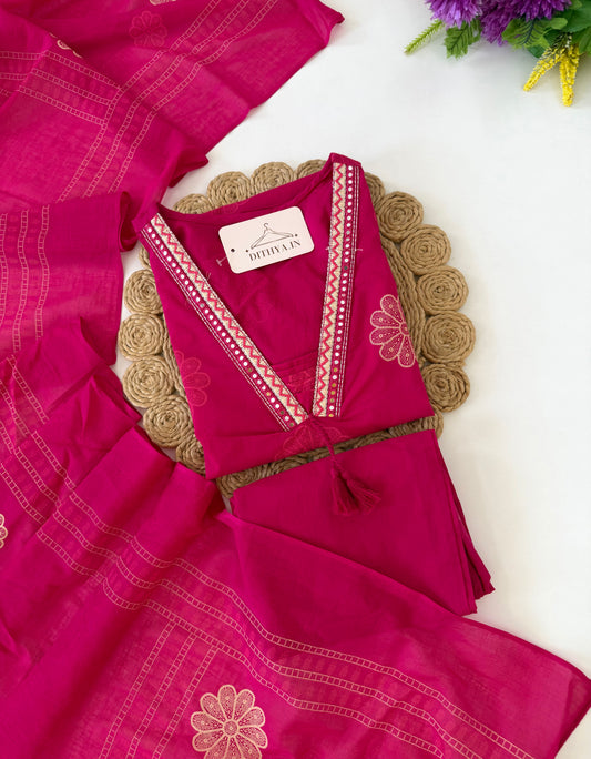 K506 - Mul cotton embroidered straight Kurti with pants and dupatta