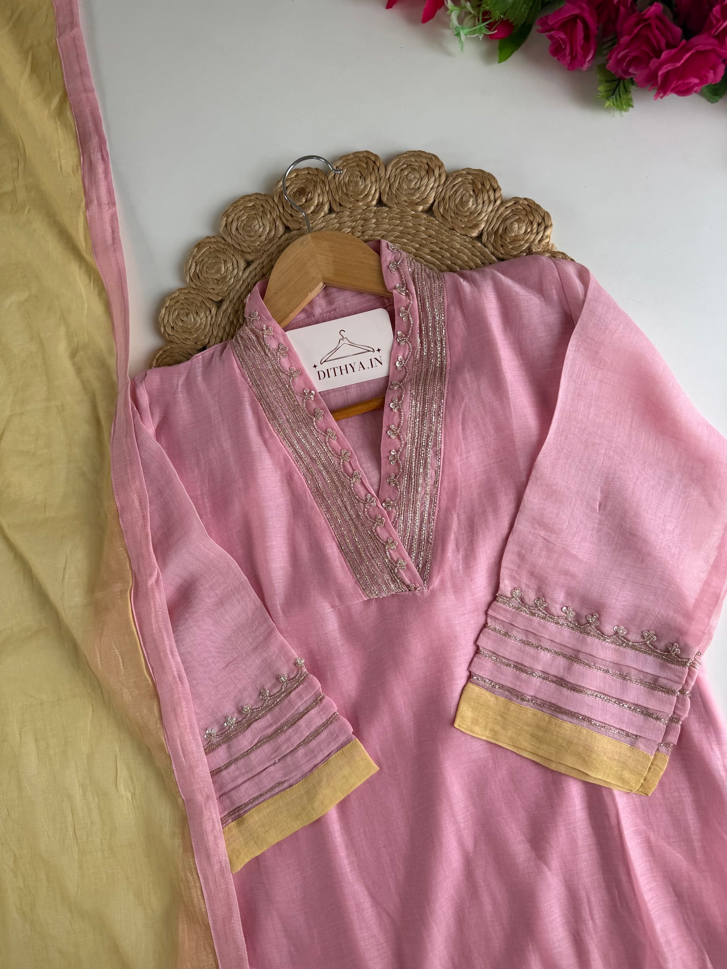 K734 - Mul chanderi handwork aline Kurti with pants and dupatta