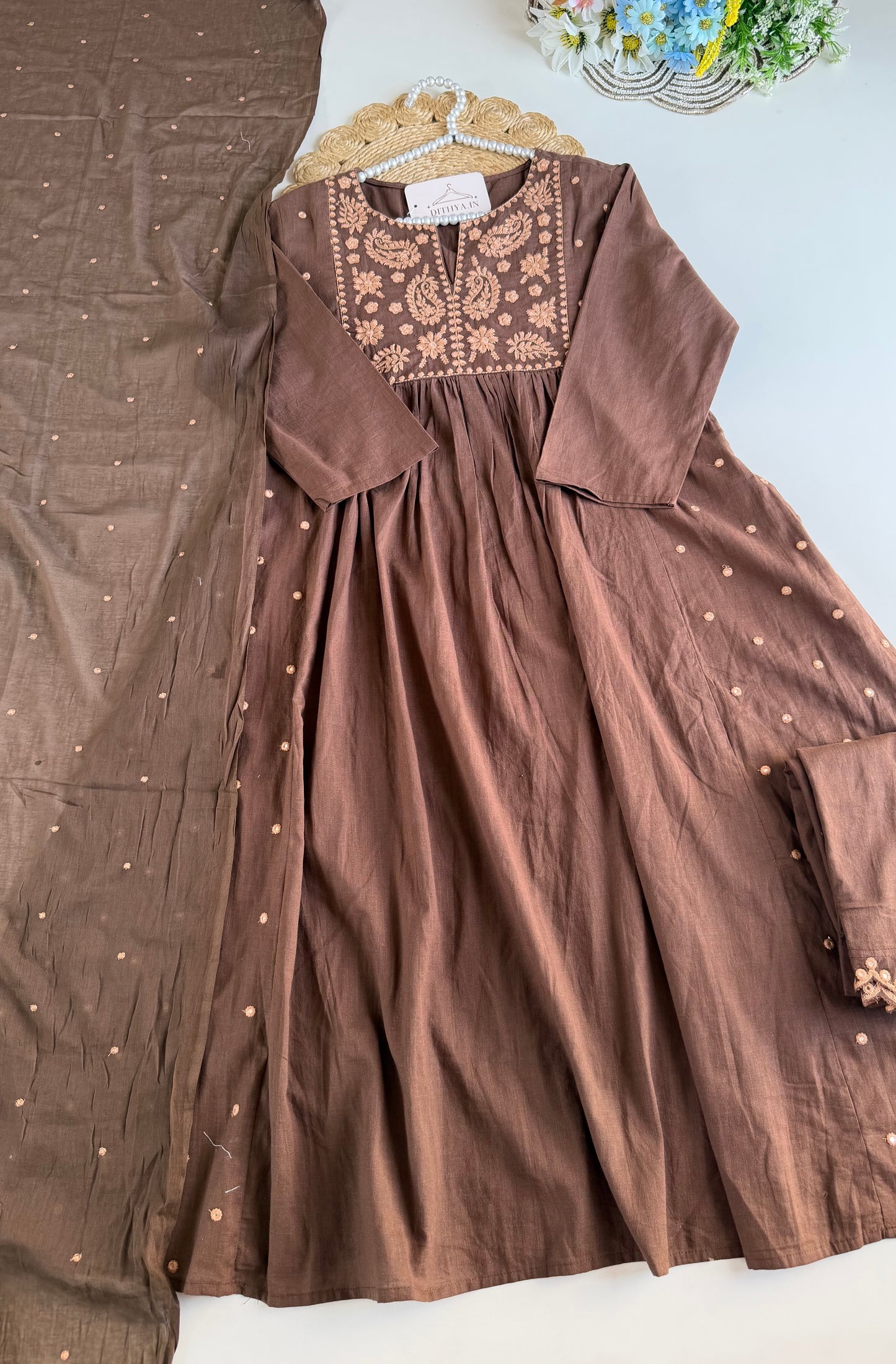 K632 - Mul cotton embroidered Anarkali with pants and dupatta