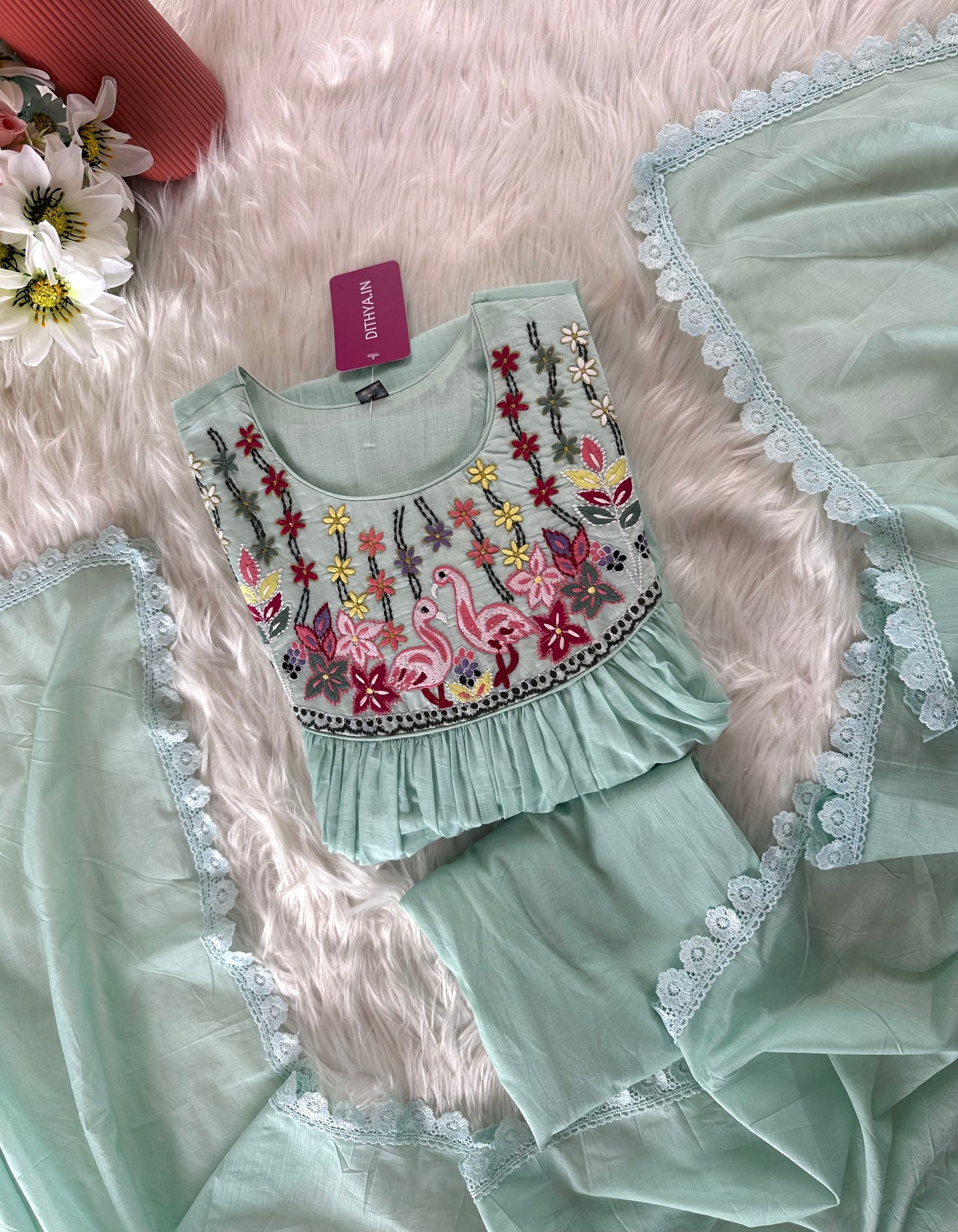 K376 - Mul Chanderi embroidered Aline Kurti with pants and dupatta