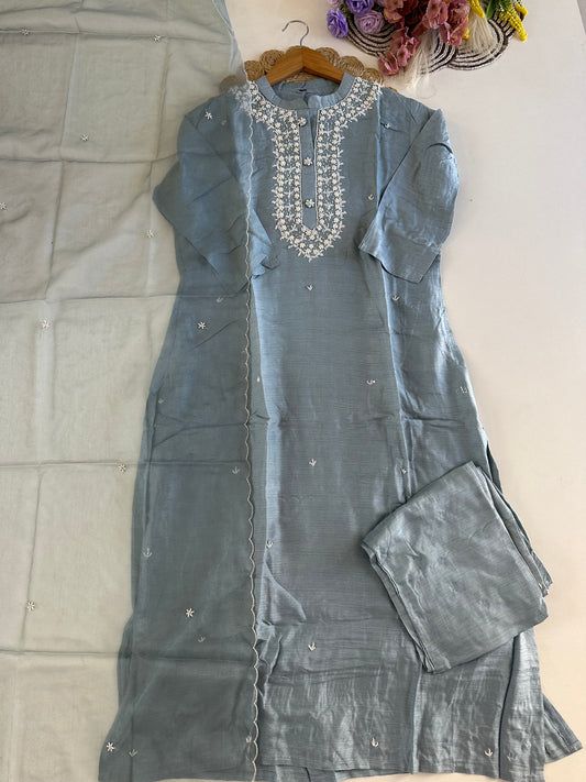 D393-Dola silk straight kurti with pants and dupatta