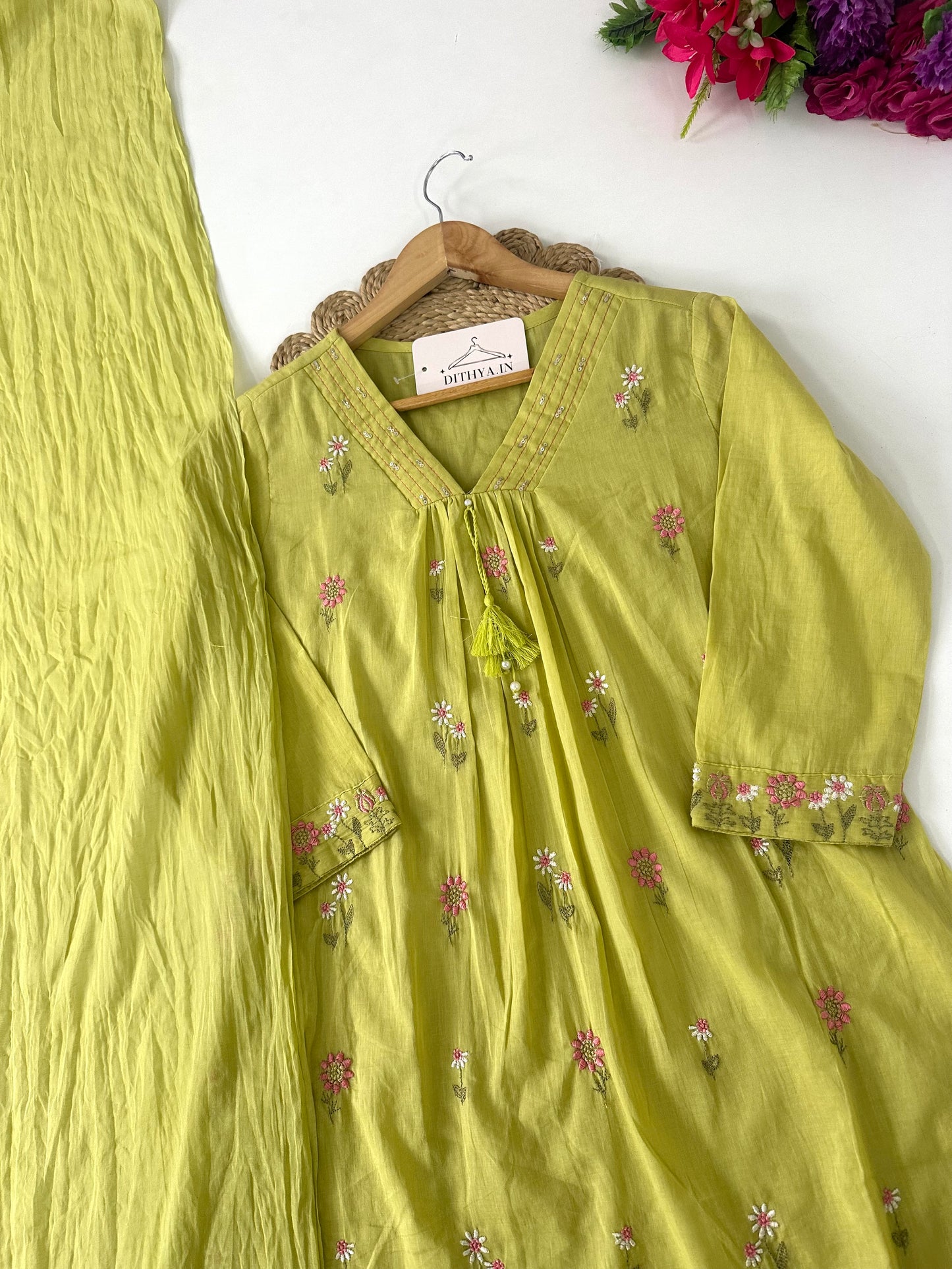 K395 - Mul cotton embroidered Aline Kurti with pants and dupatta in 3 colours