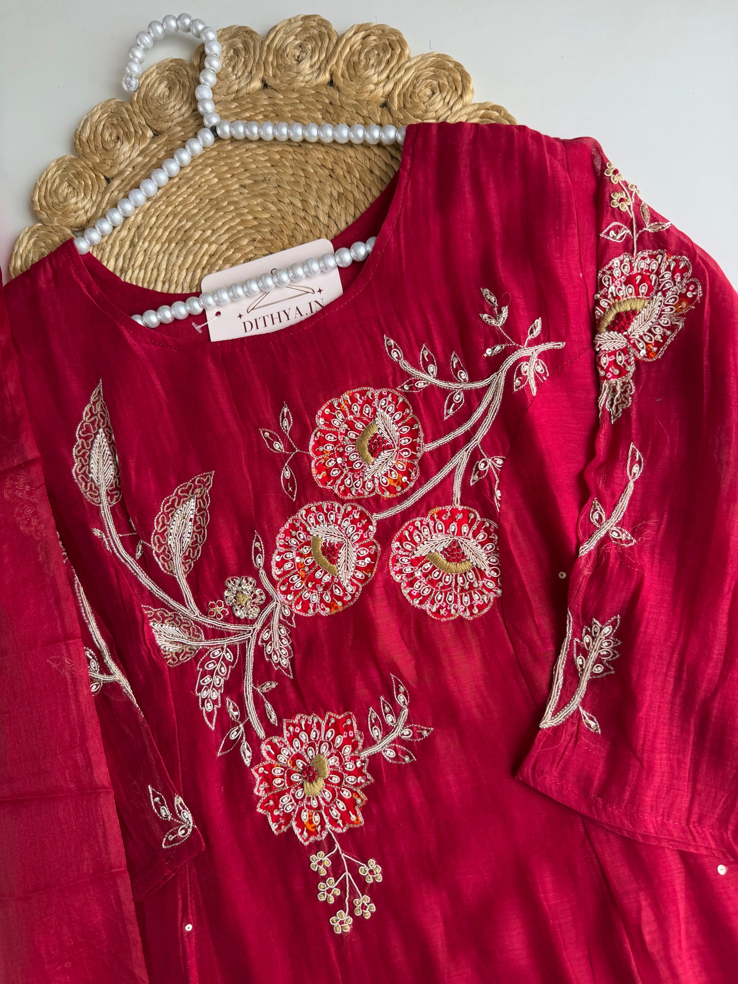 K465 - Mul chanderi handwork Aline Kurti with pants and dupatta