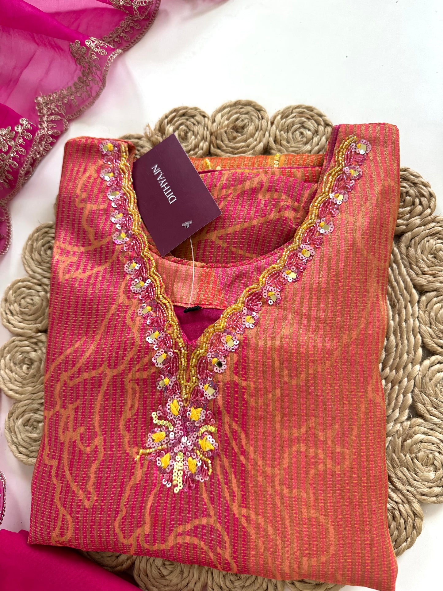 K221 - Tissue silk self weaving handwork straight Kurti with pants and dupatta in 2 prints