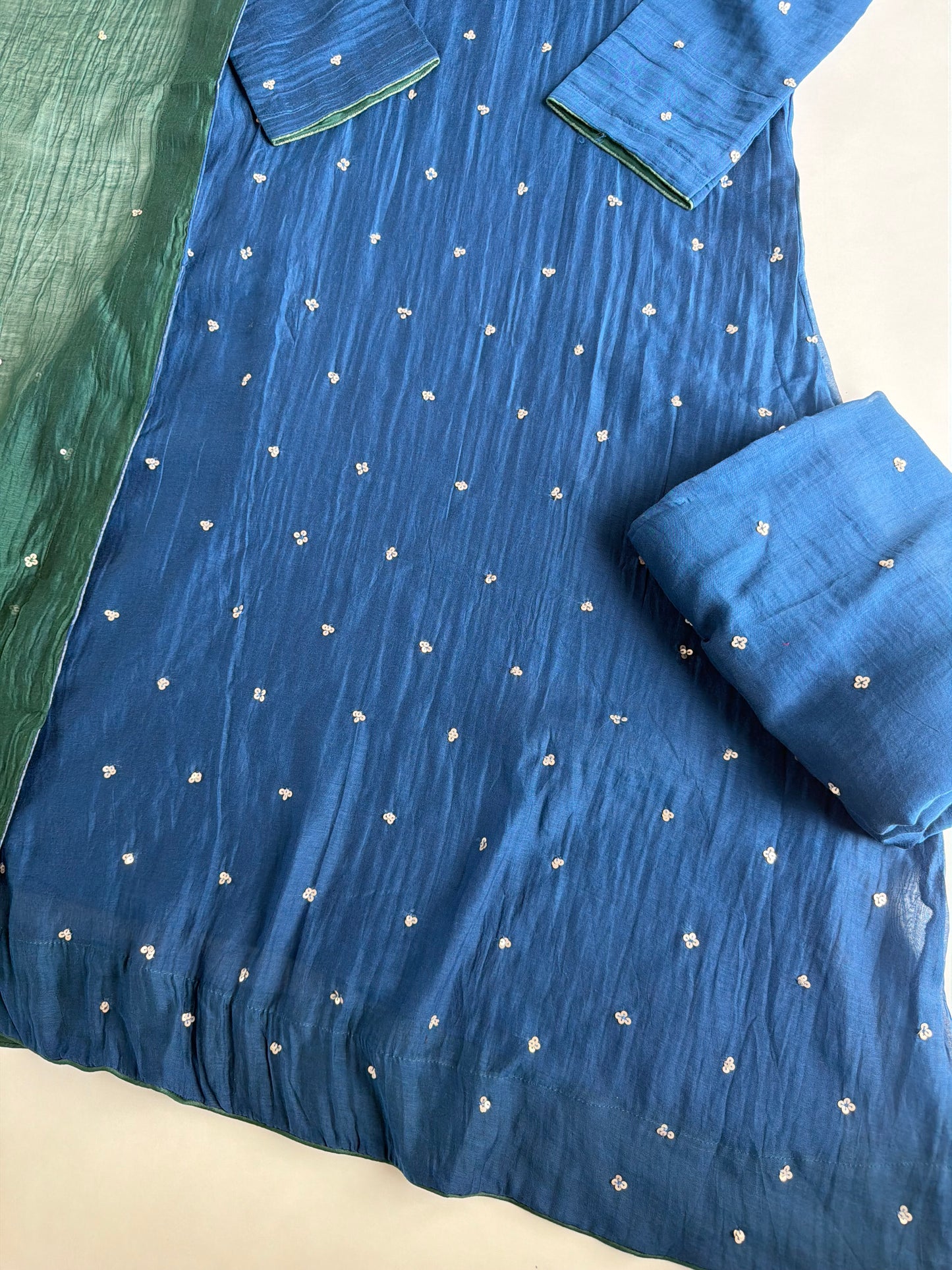 K345 - Mul chanderi handwork aline Kurti with pants and dupatta in 2 colours