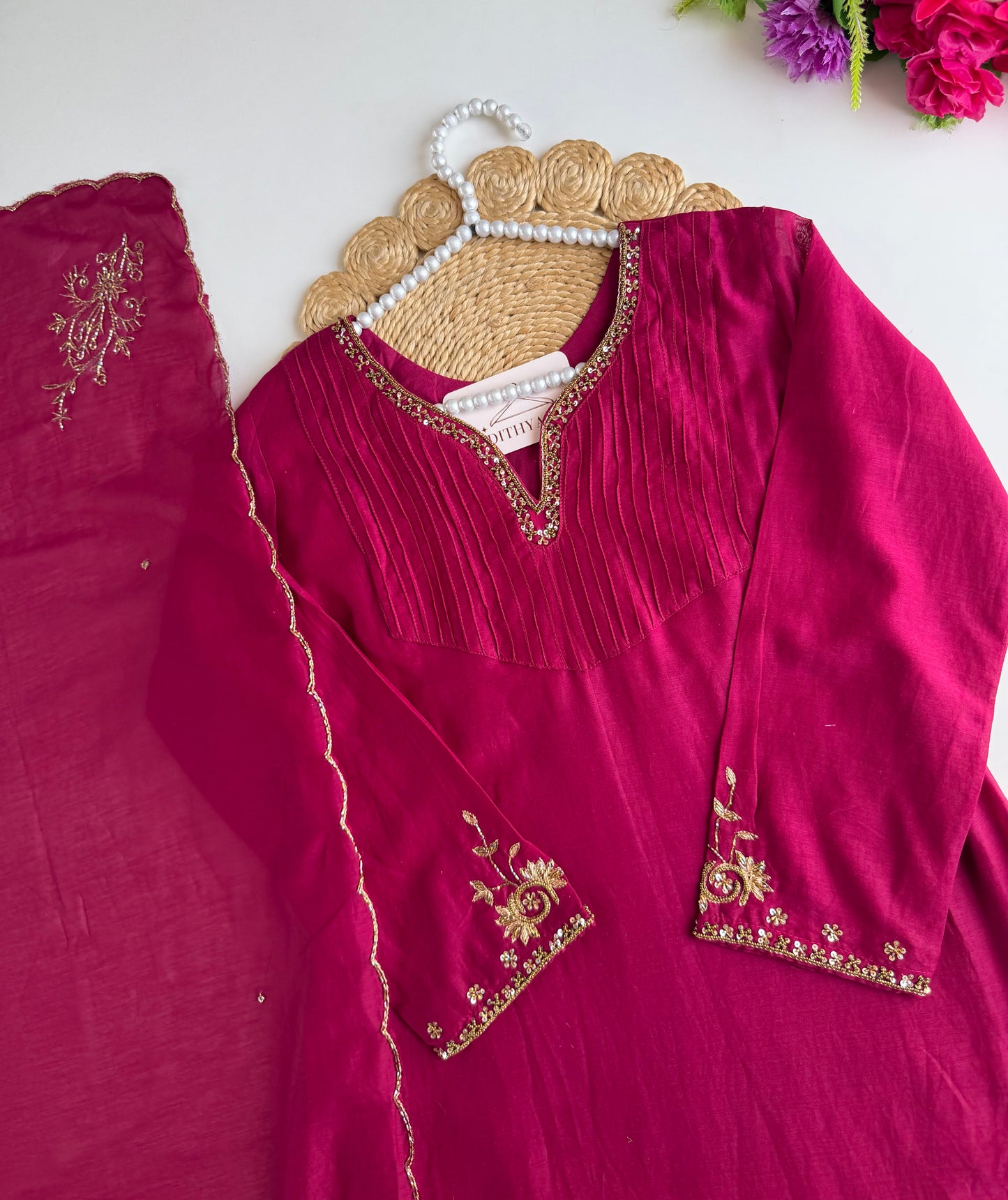 K295 - Mul chanderi handwork Aline Kurti with pants and dupatta
