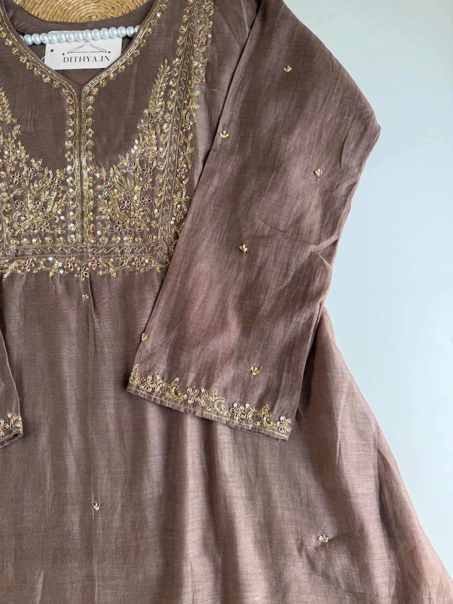 K120 - Mul chanderi handwork Aline Kurti with pants and dupatta