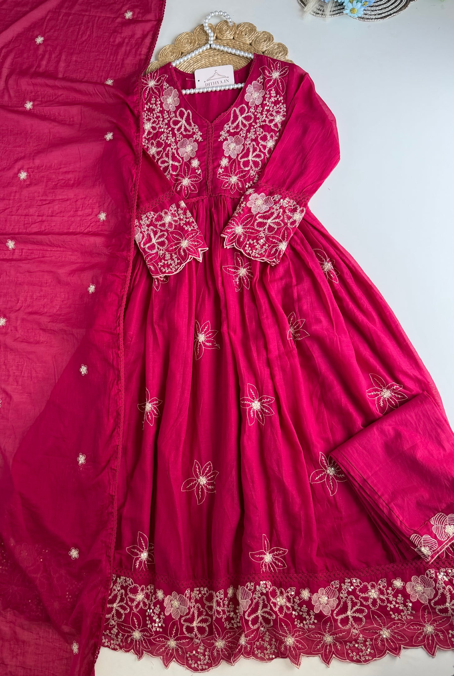 K613 - Mul cotton embroidered Anarkali with pants and dupatta