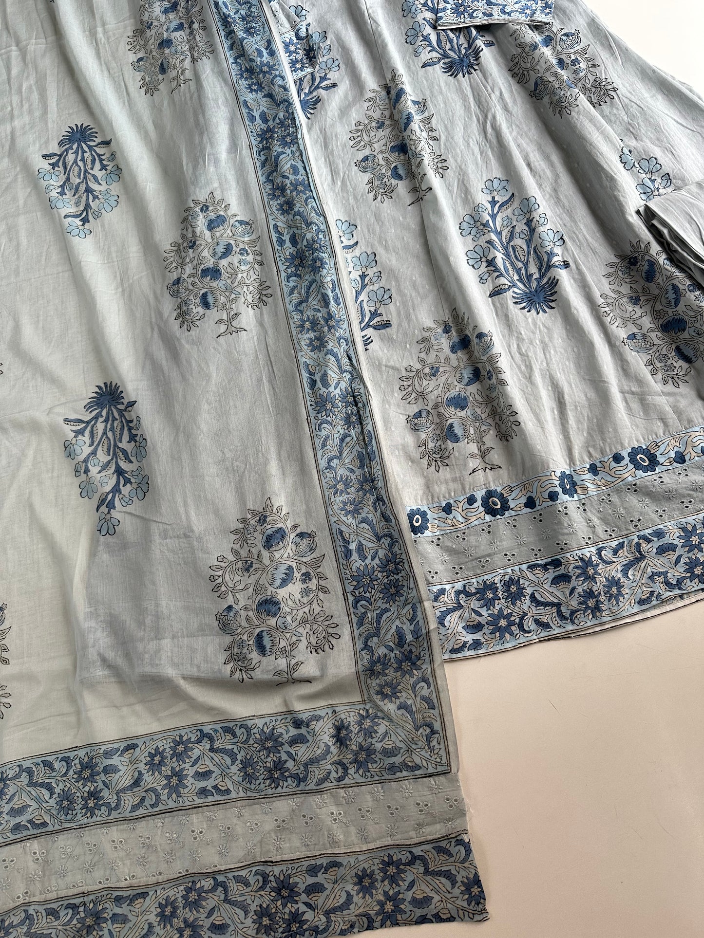 K213 - Mul cotton block print & embroidered Anarkali with pants and dupatta