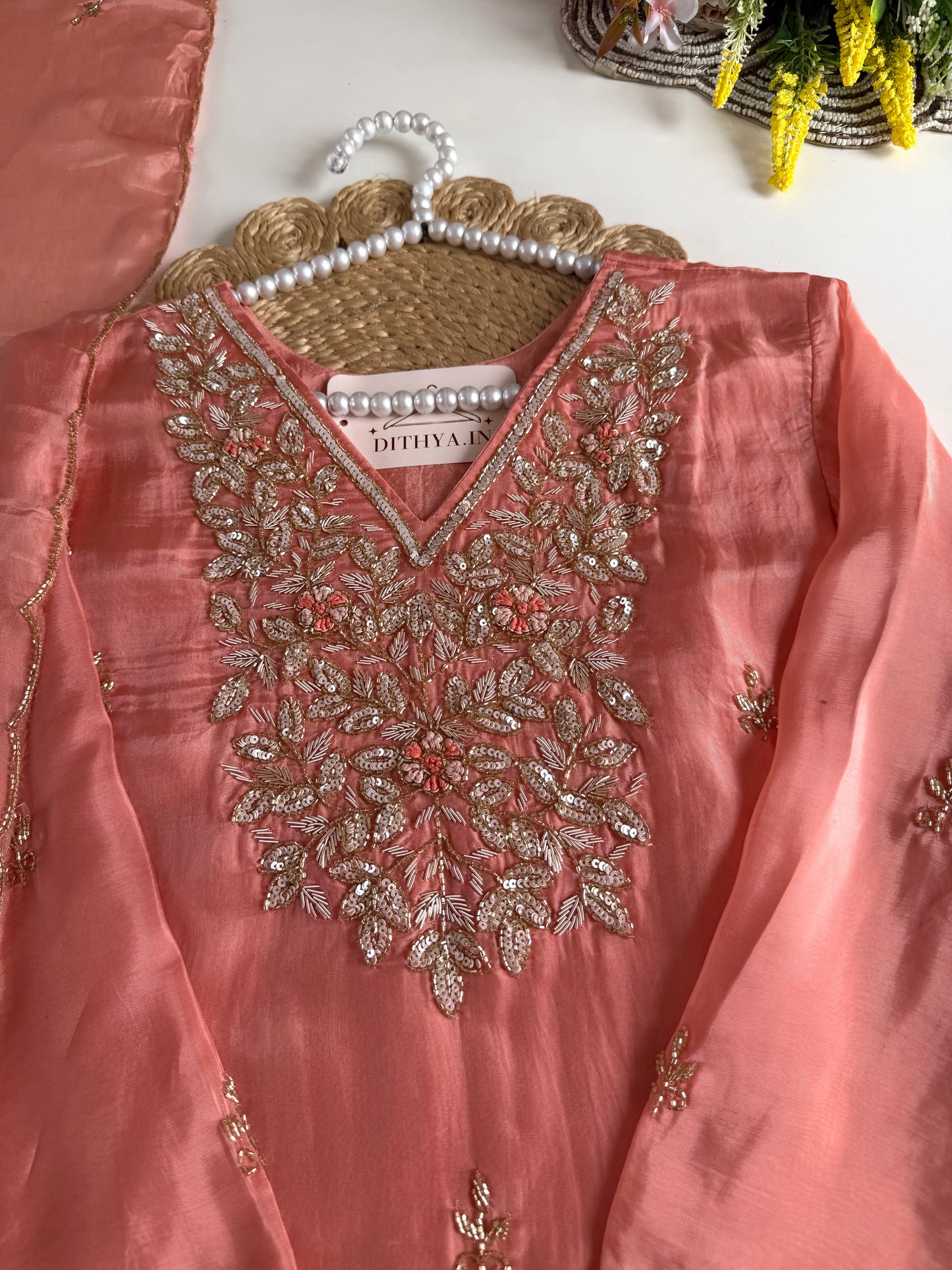 K204 - HO silk Aline handwork Kurti with pants and dupatta