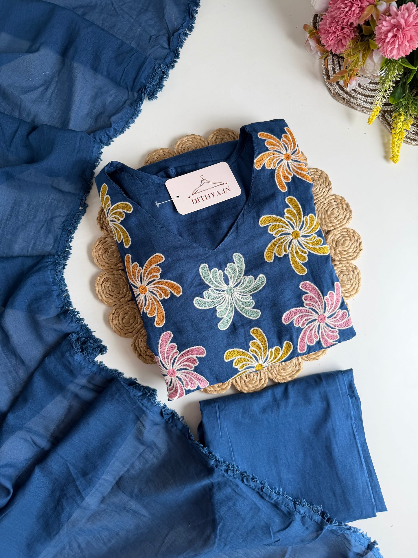 K678 - Mul cotton embroidered Anarkali with pants and dupatta