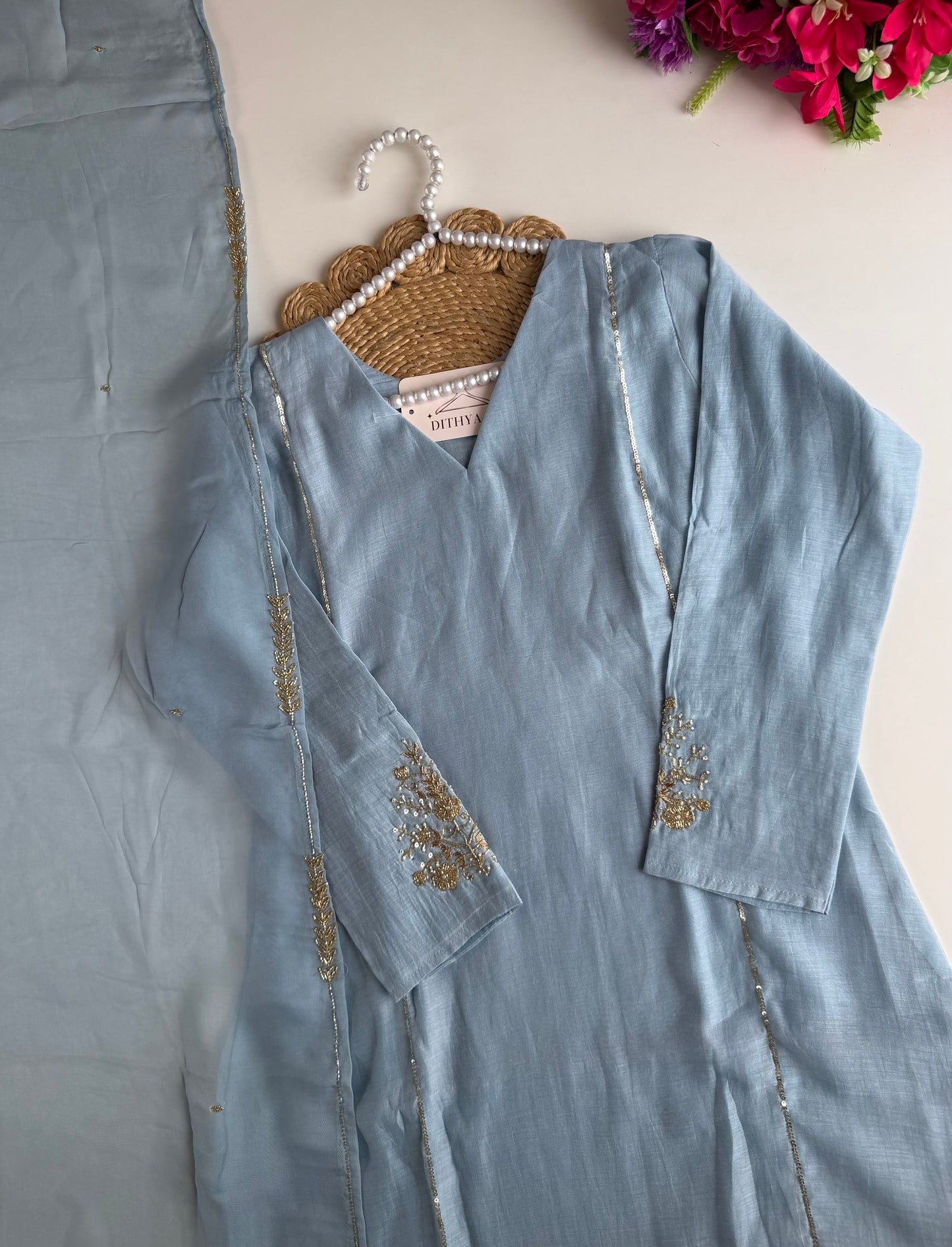 K108 - Mul chanderi handwork aline Kurti with pants and dupatta