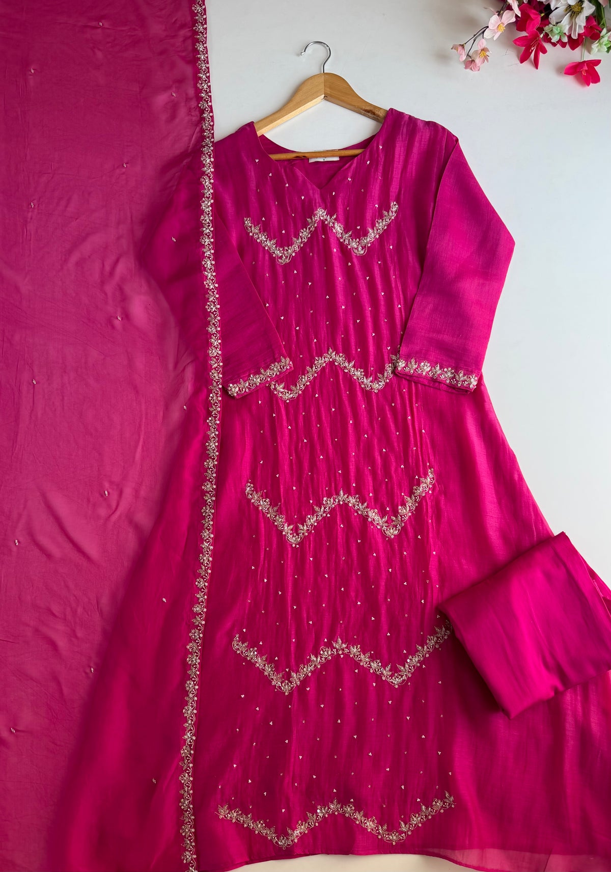 K210-Pure Banarasi Mul chanderi handwork aline Kurti with pants and dupatta