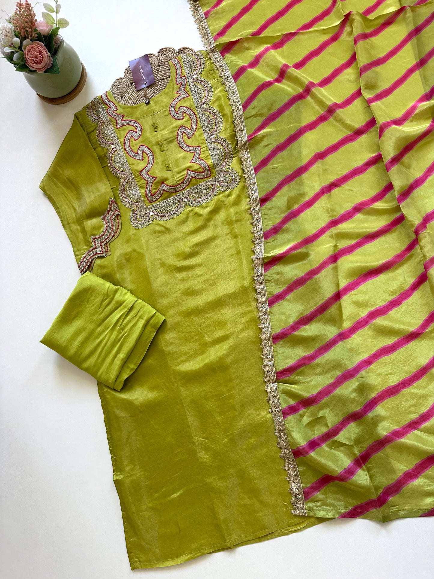 K282 - Shimmer Tissue silk zari straight kurti with pants and leheriya dupatta .