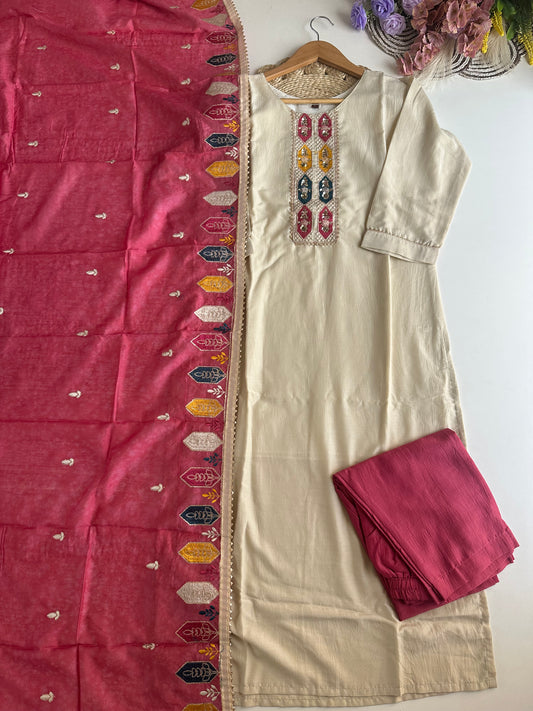 D319- Roman silk straight kurti with pants and dupatta