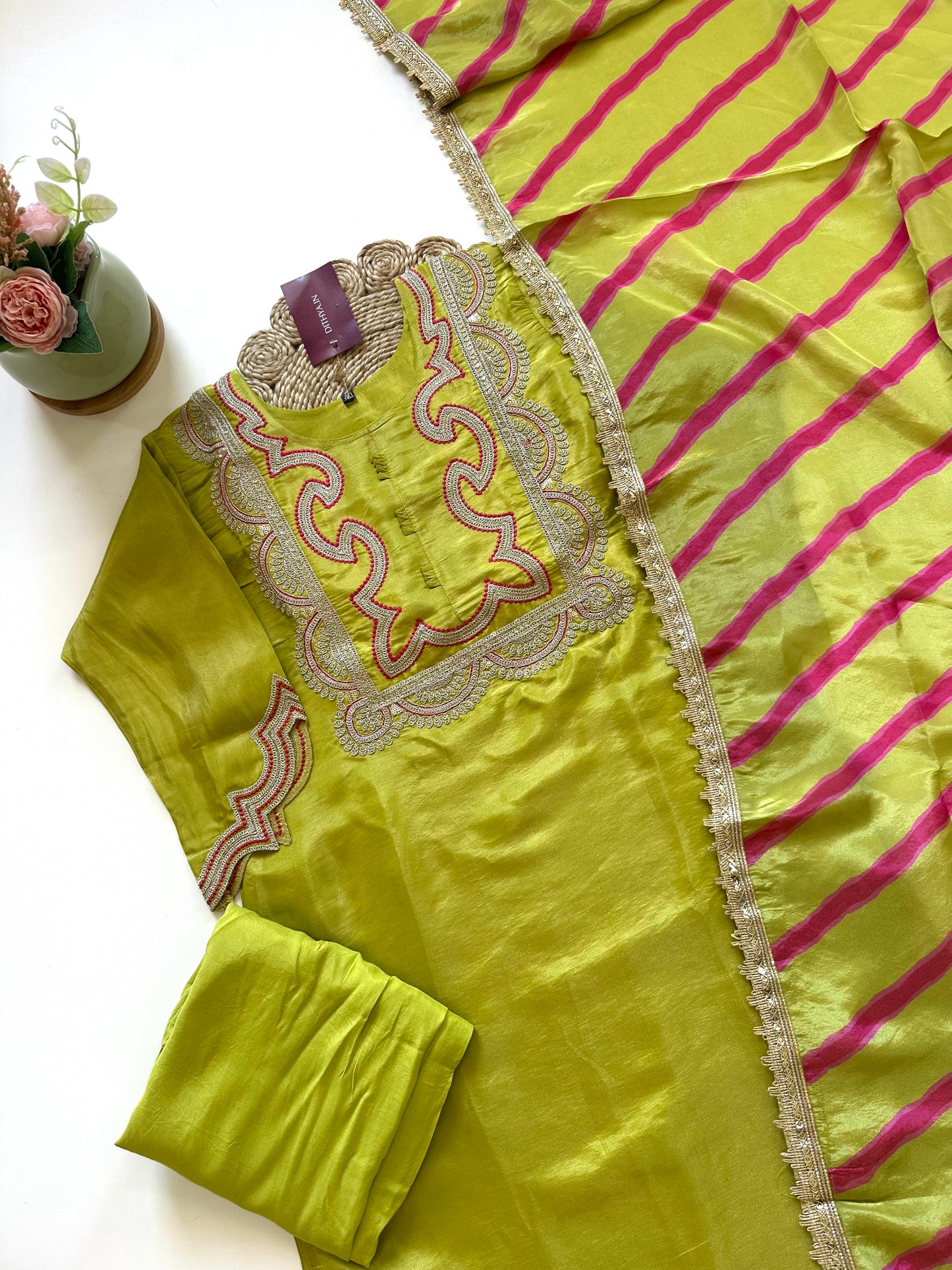 K282 - Shimmer Tissue silk zari straight kurti with pants and leheriya dupatta .