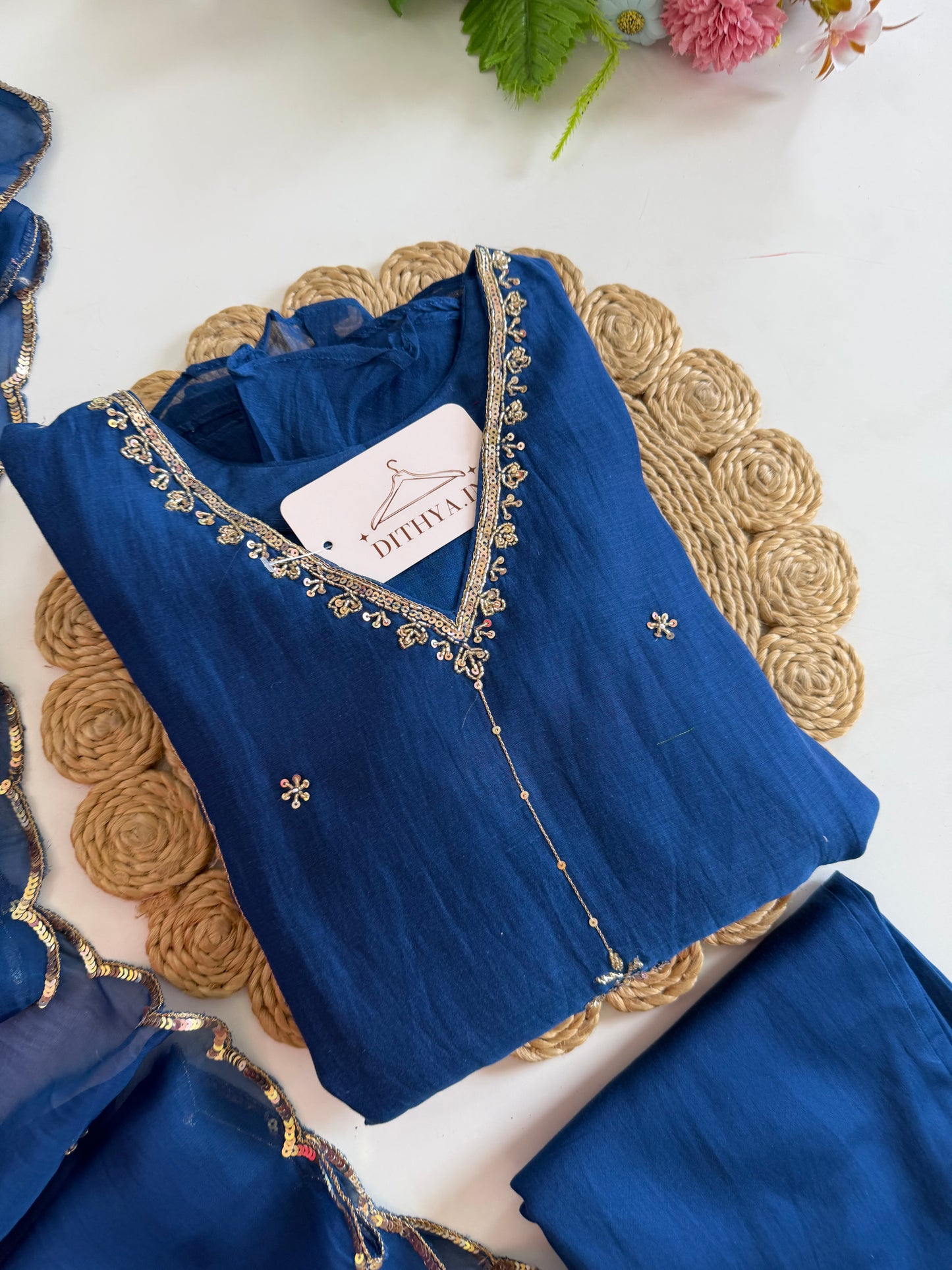 K195 - Mul chanderi handwork aline Kurti with pants and dupatta