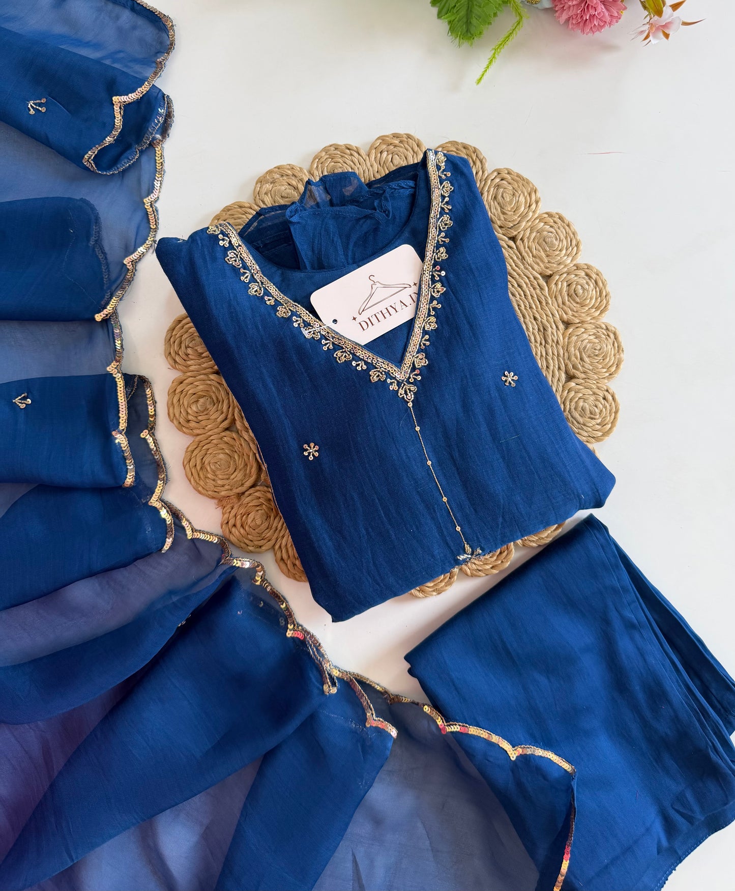 K195 - Mul chanderi handwork aline Kurti with pants and dupatta