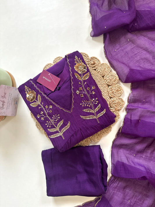 K181 - Zardosi Work Mul Chanderi Aline Kurti with pants and dupatta .