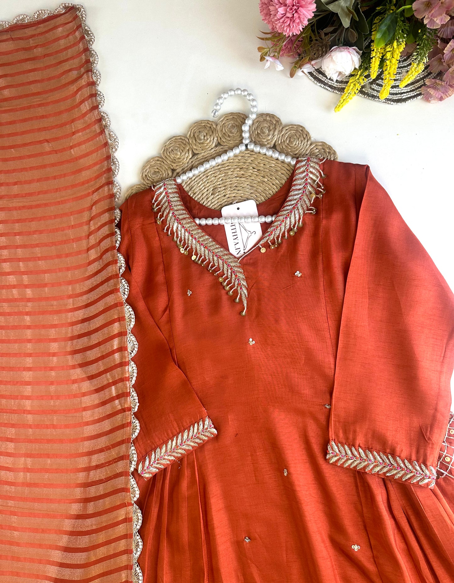 K478 - Russian silk handwork Anarkali with pants and dupatta