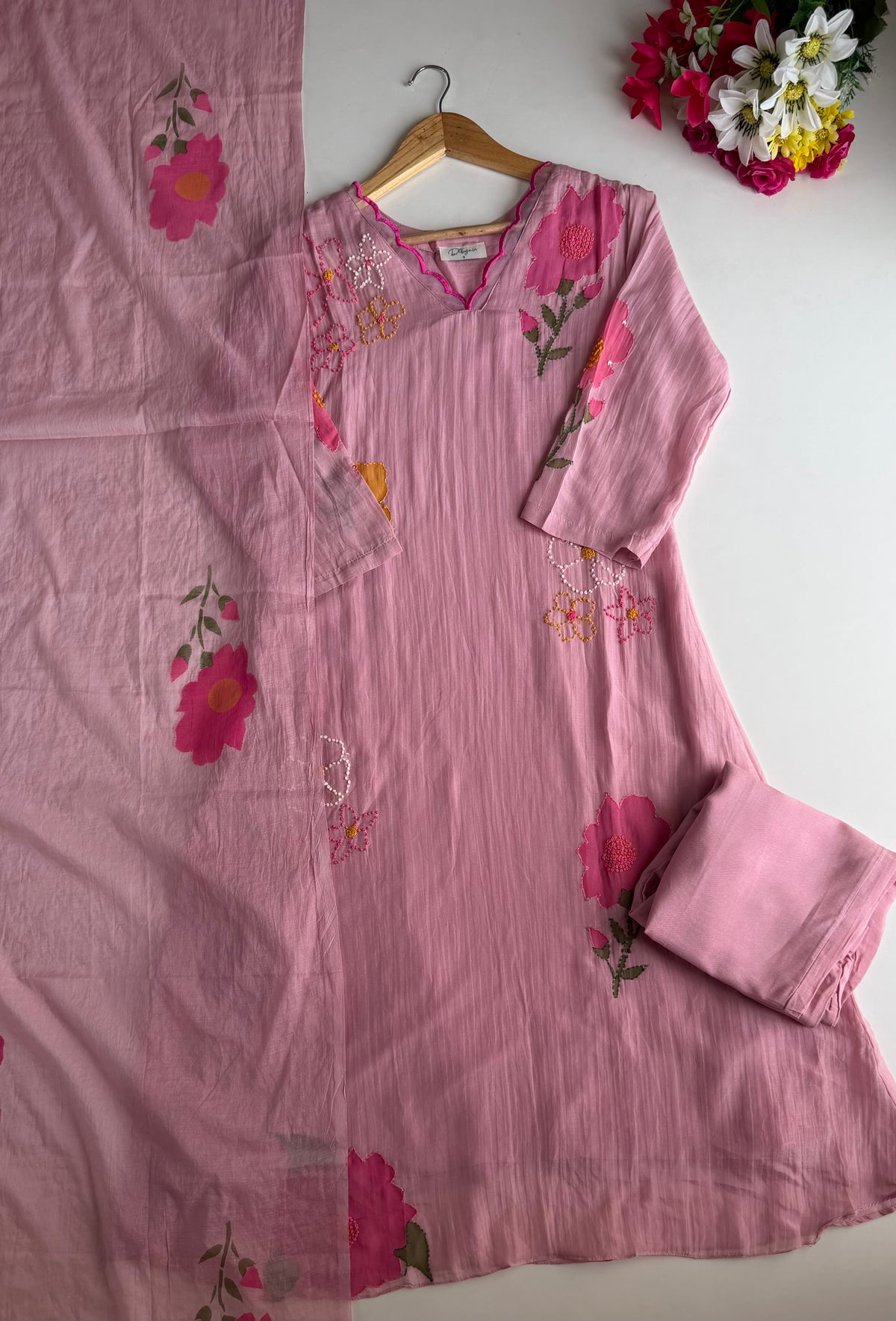 K262 - Mul chanderi hand painted embroidered Aline Kurti with pants and dupatta