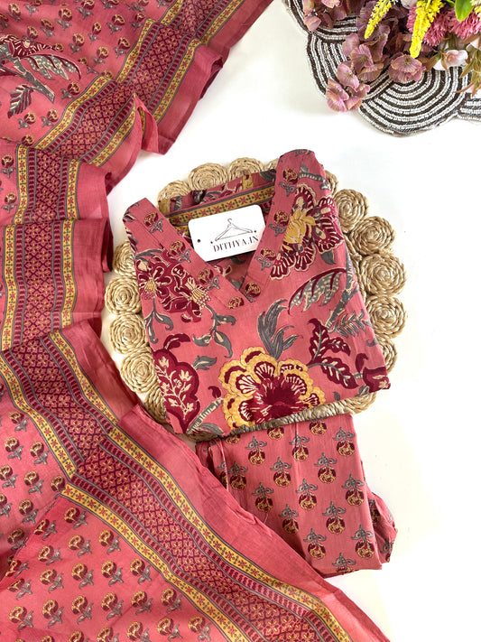 K698 - Mul cotton printed anarkali with pants and dupatta