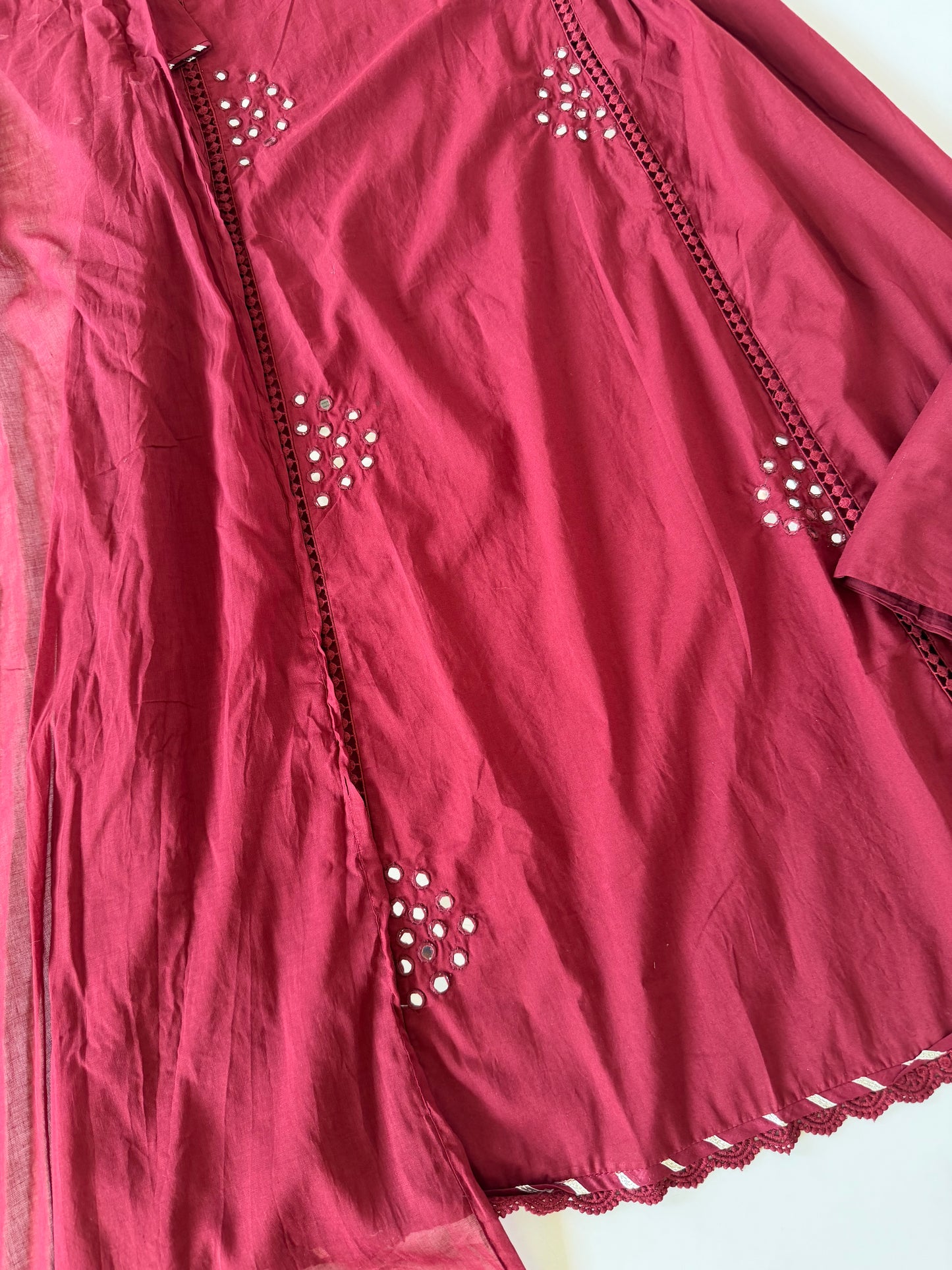 K628 - Mul cotton mirror work Anarkali with pants and dupatta
