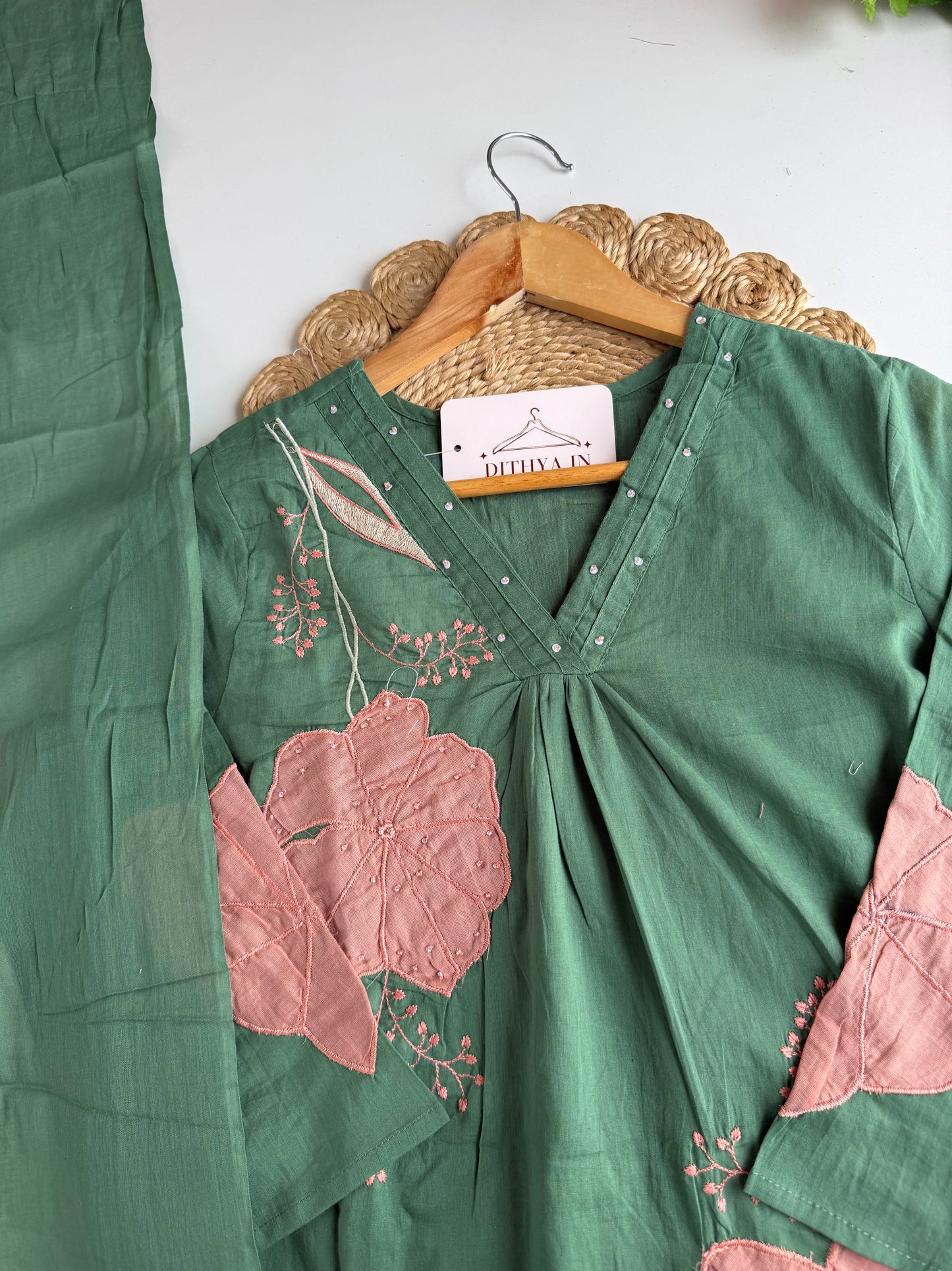 K372 - Mul cotton embroidered Aline Kurti with pants and dupatta