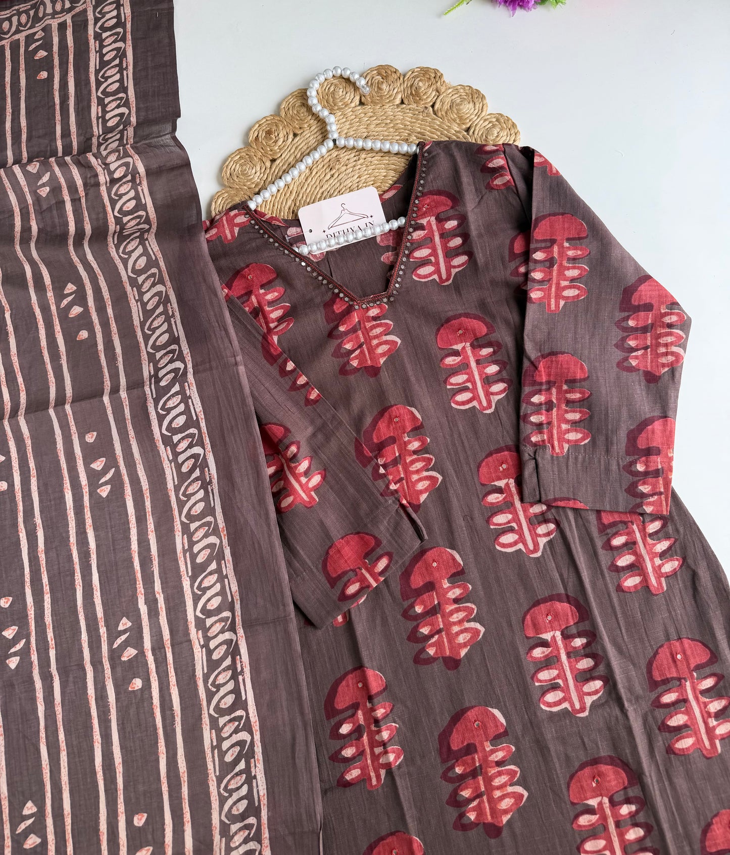 K054 - Mul cotton printed Aline Kurti with pants and dupatta