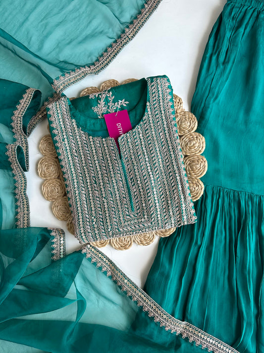 K199 - Russian silk handwork Kurti with sharara and dupatta