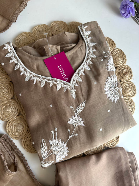 K079 - Mul Chanderi Handwork Aline Kurti with pants and dupatta