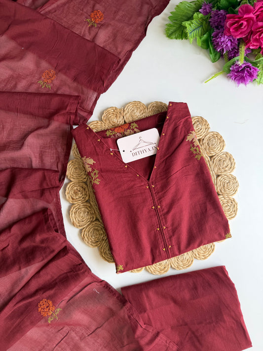 K210 - Mul cotton embroidered straight Kurti with pants and dupatta