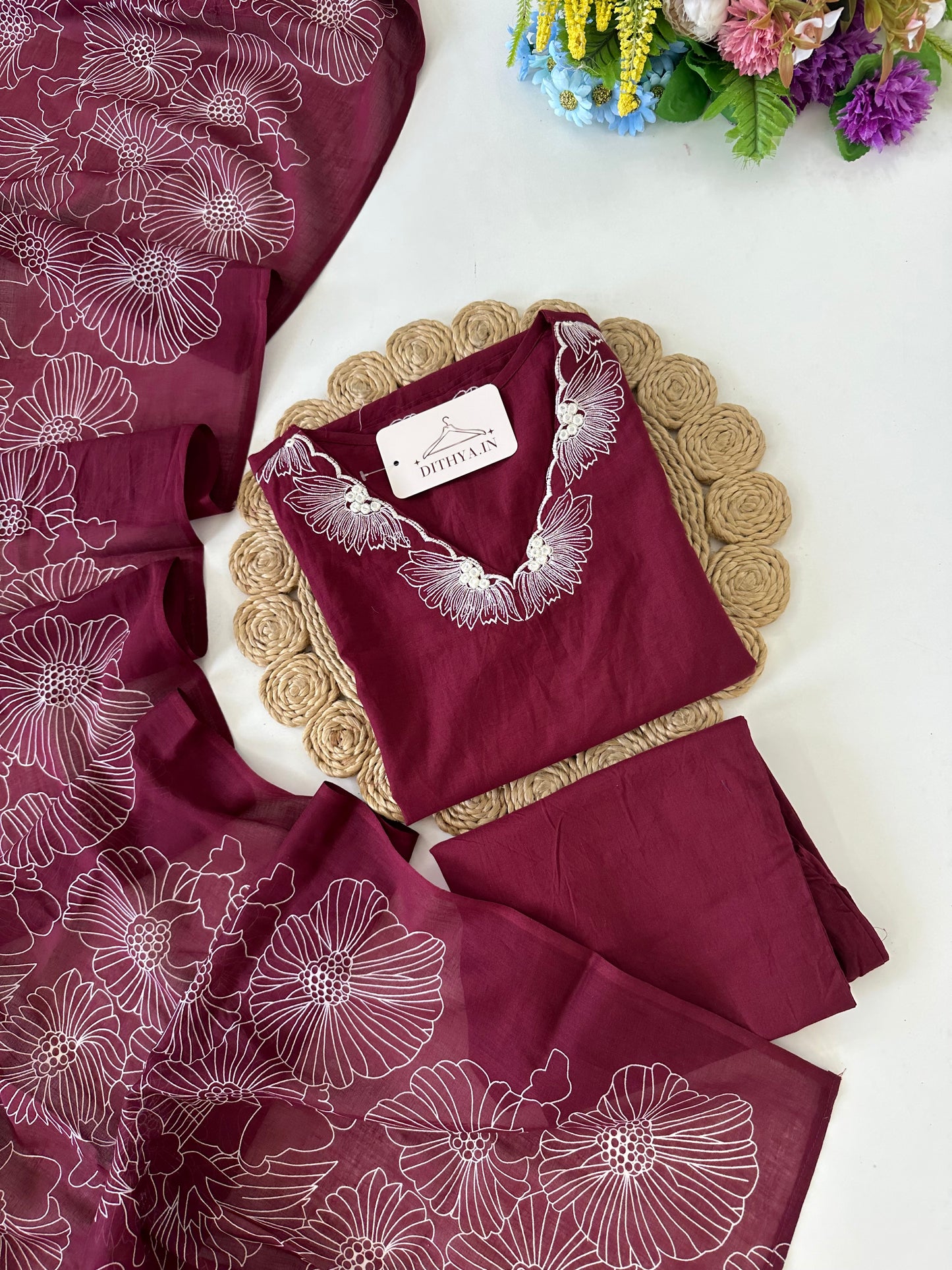 K075 - Mul cotton embroidered straight Kurti with pants and dupatta