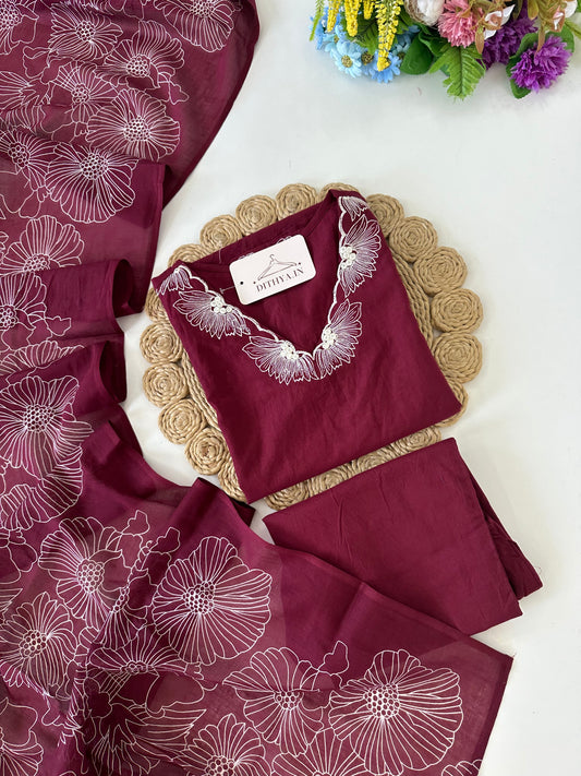 K075 - Mul cotton embroidered straight Kurti with pants and dupatta