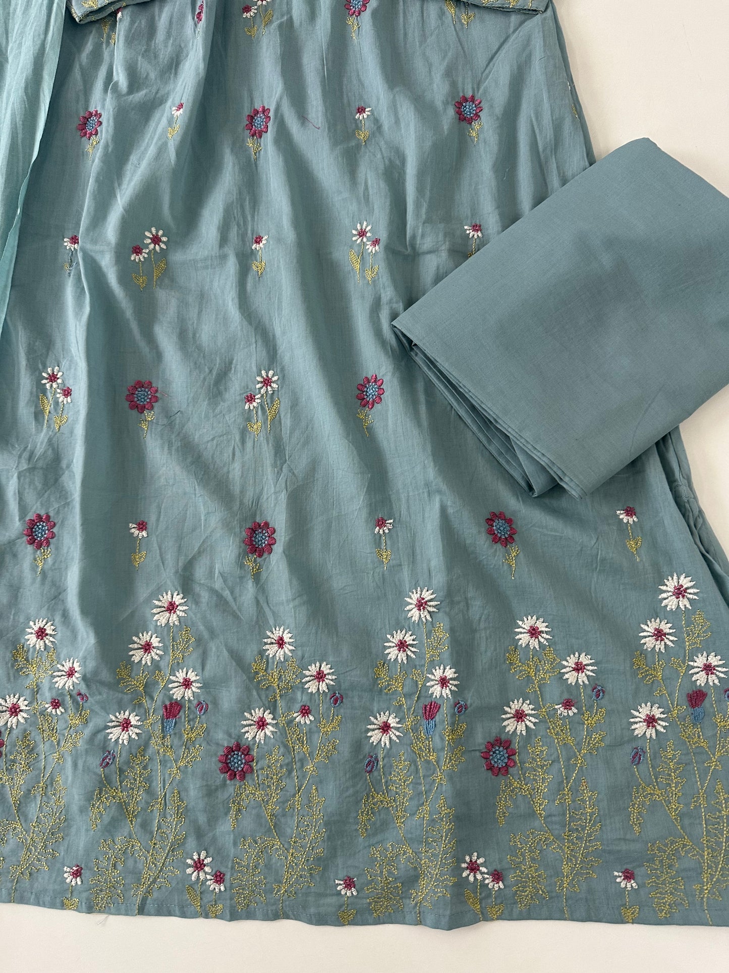 K395 - Mul cotton embroidered Aline Kurti with pants and dupatta in 3 colours