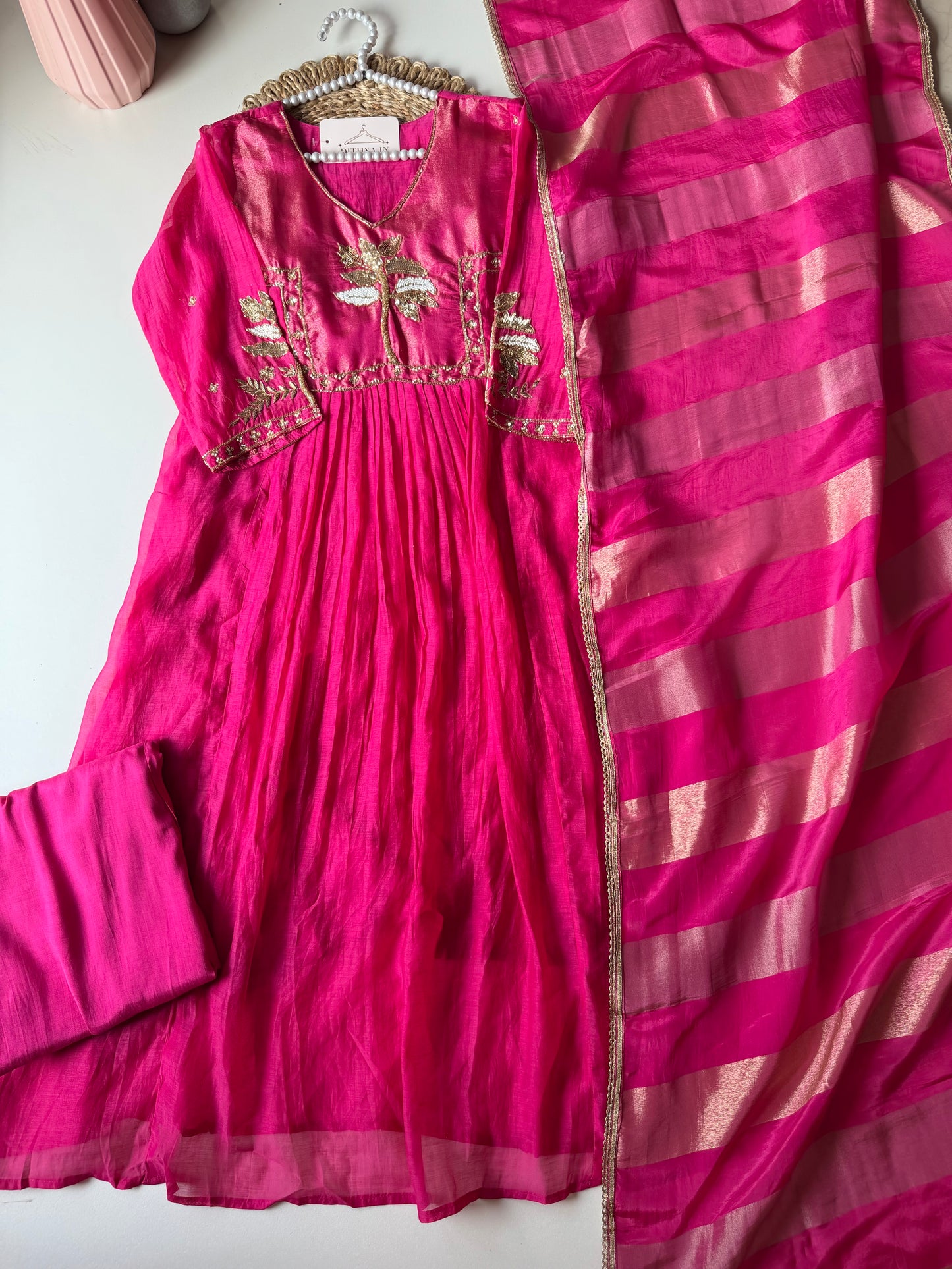 K545 - Mul chanderi handwork Anarkali with pants and dupatta