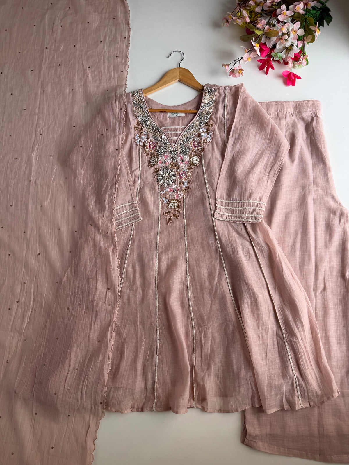 K407 - Mul chanderi handwork short Kurti with divider pants and dupatta