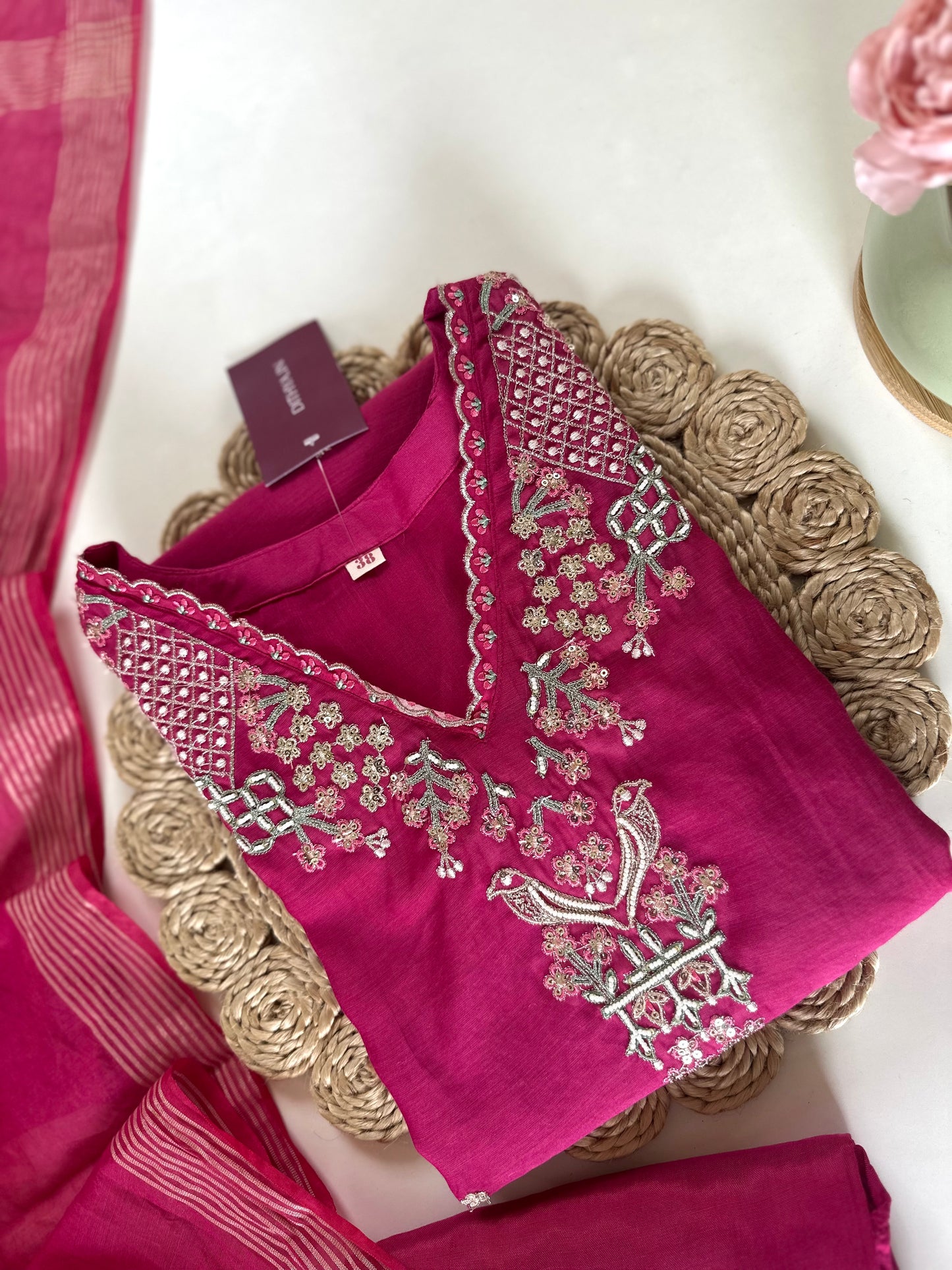 K044 - Handwork Mul Chanderi straight kurti with pants and dupatta .