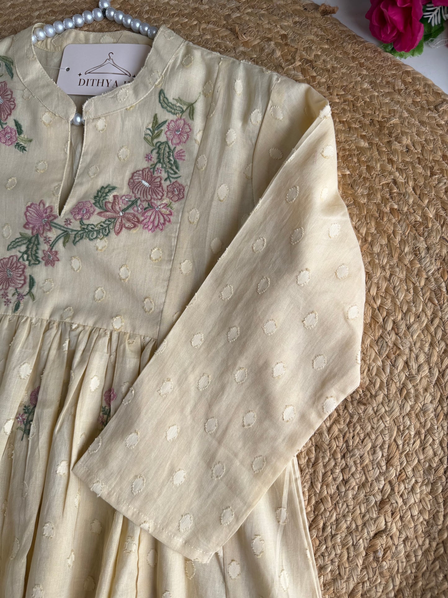 K296 - Mul cotton floral embroidered Anarkali with pants and dupatta
