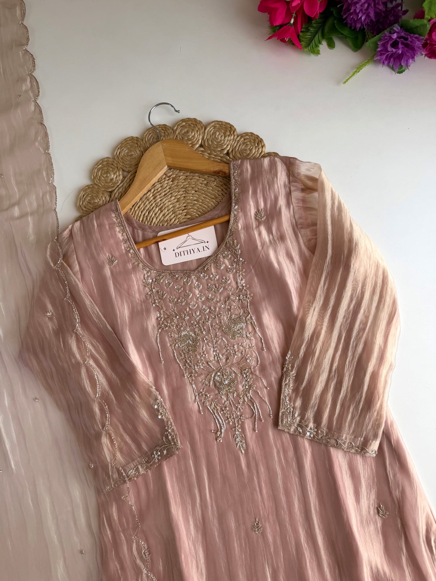 K425 - Glass tissue silk handwork straight Kurti with pants and dupatta
