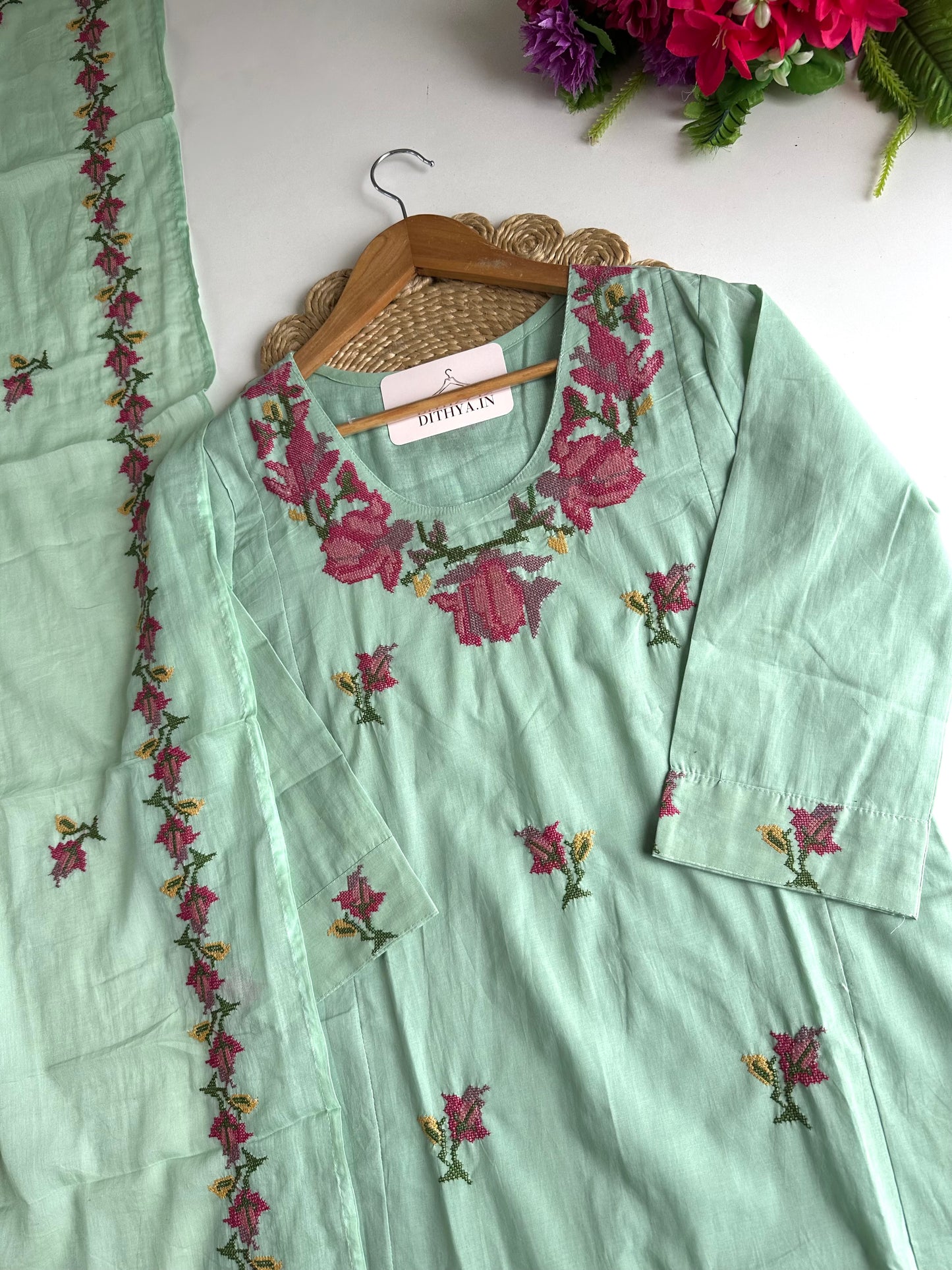 K145 - Mul cotton cross stitch Aline Kurti  with pants and dupatta
