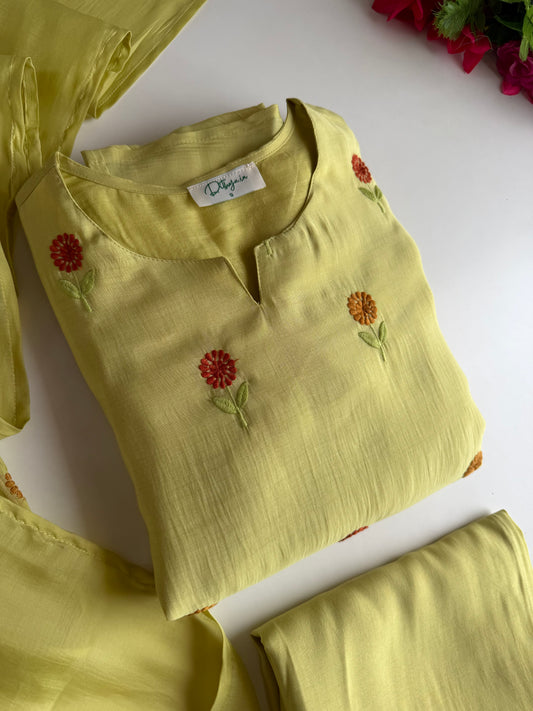 K570 - Surat Mul chanderi embroidered Aline Kurti with pants and dupatta
