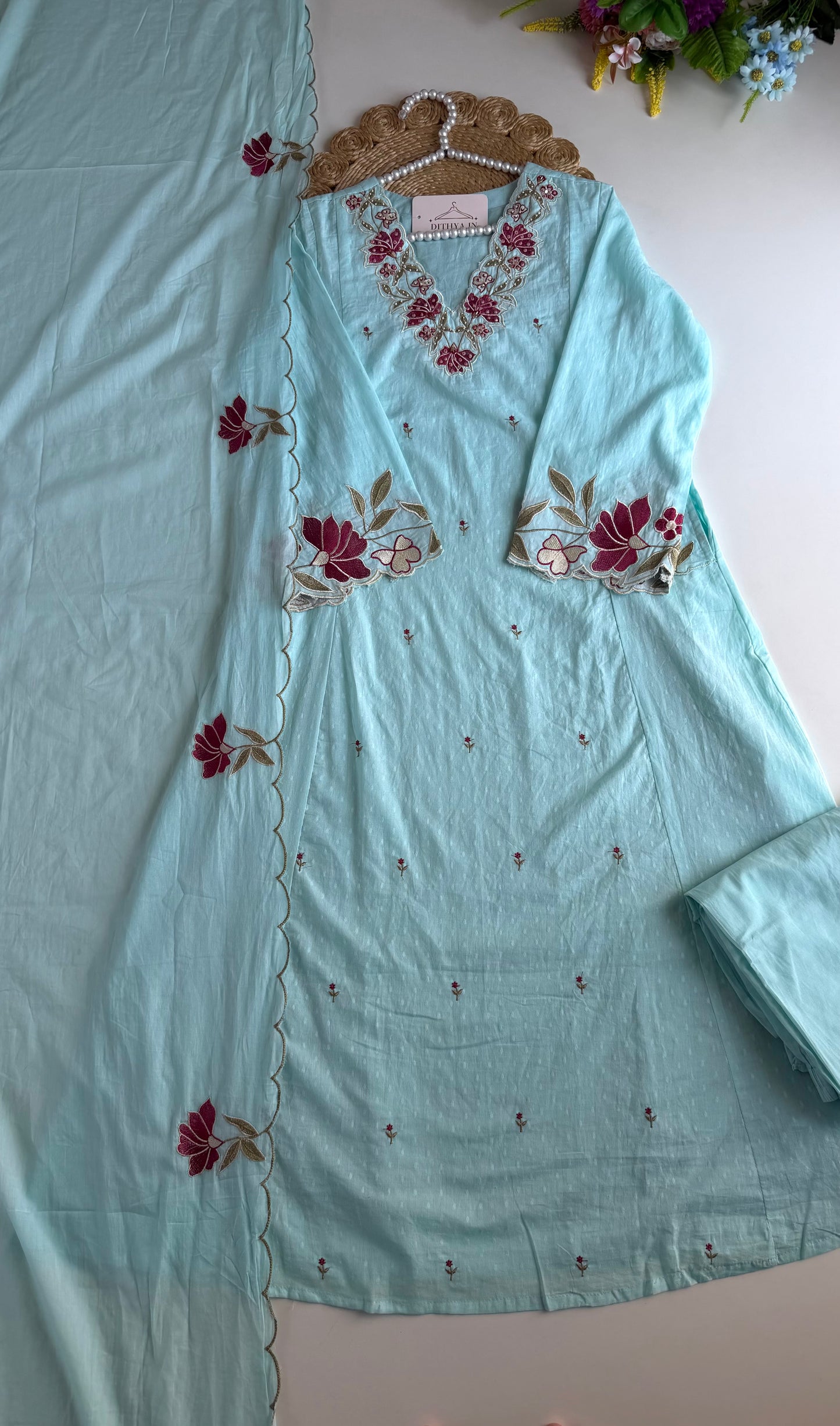 K011 - Mul cotton embroidered Anarkali with pants and dupatta